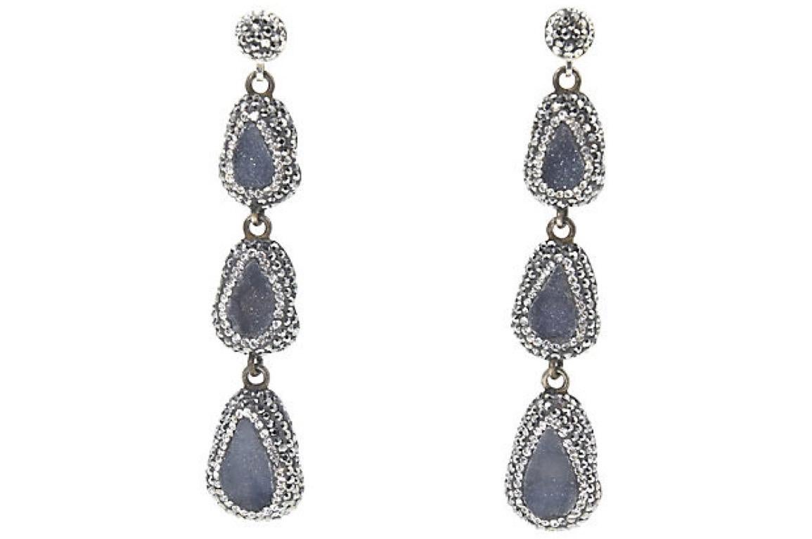 Druzy crystal and sterling bracelet and earrings. Long triple-drop pear-shape bluish-gray druzy quartz mounted in a clear crystal frame with an outer gunmetal crystal frame; the top of each post-back earring is a round button with the two types of