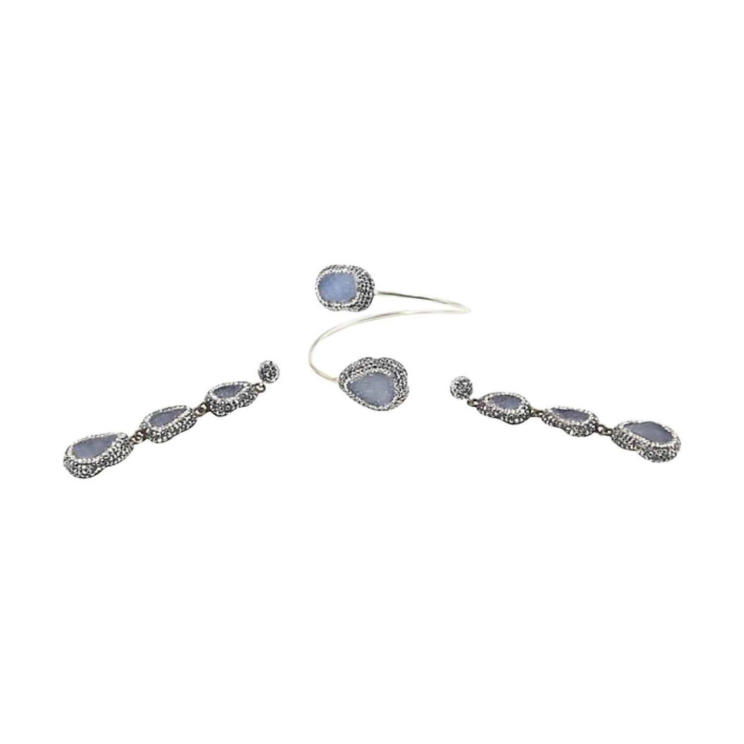Sterling Silver Gray Druzy Quartz CZ Circle Women Dangle Earrings