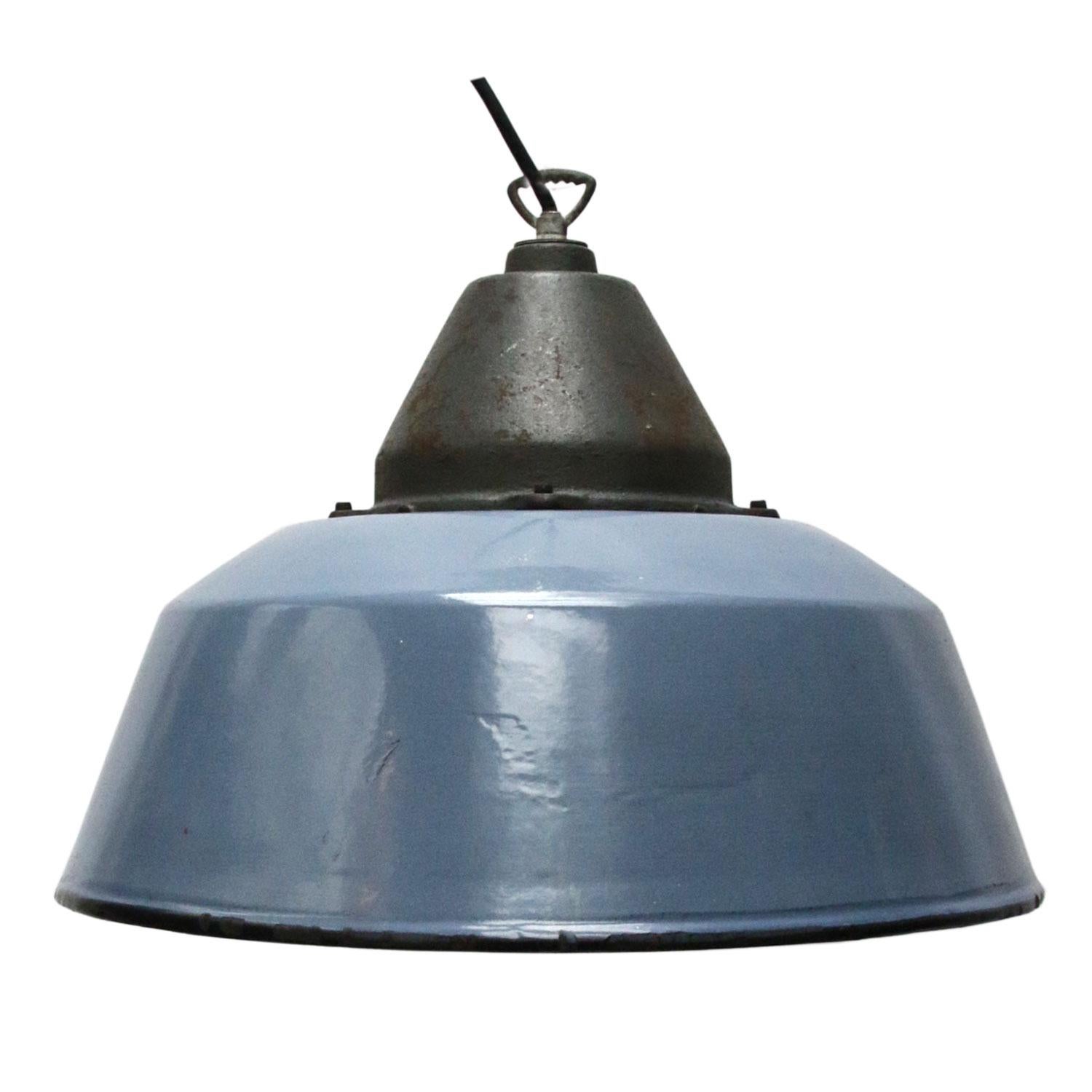 Blue Gray Enamel Cast Iron Vintage Industrial Factory Pendant Lights (13x) In Good Condition In Amsterdam, NL