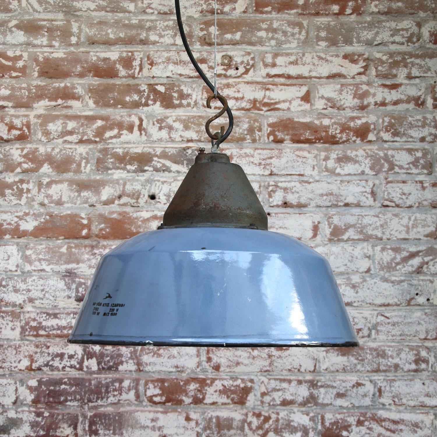 20th Century Blue Gray Enamel Cast Iron Vintage Industrial Factory Pendant Lights (13x)