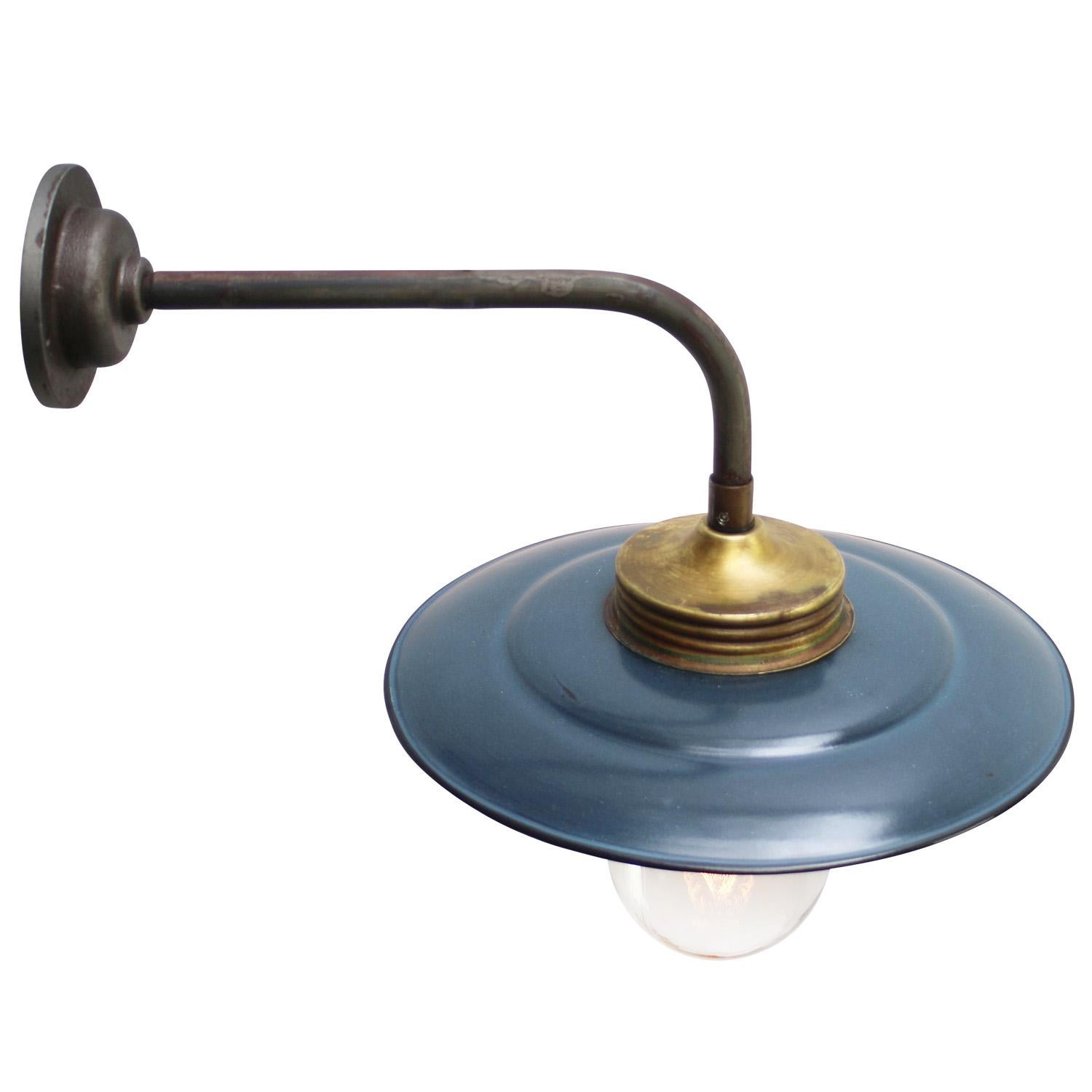 Hungarian Blue Gray Enamel Vintage Industrial Brass Clear Glass Sconces Wall Lights For Sale