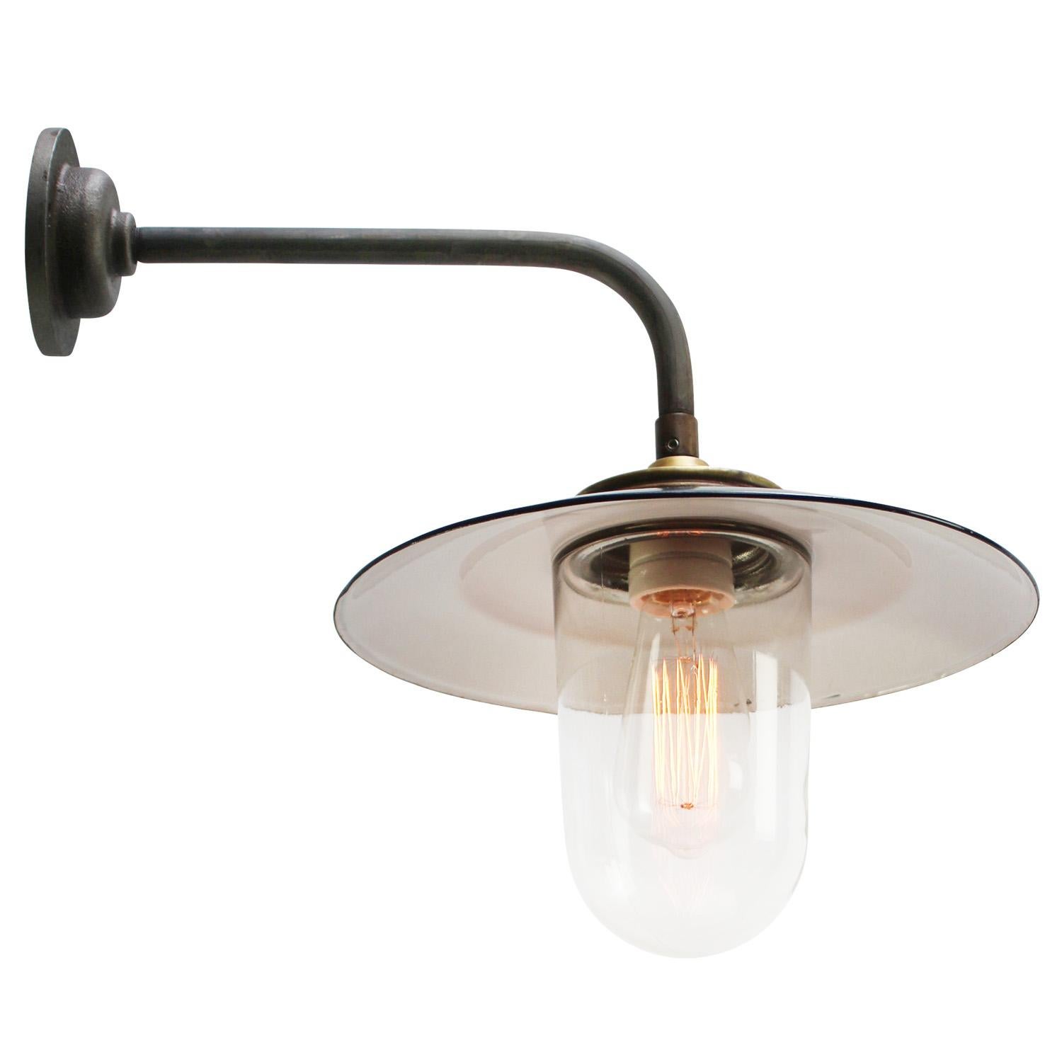 Cast Blue Gray Enamel Vintage Industrial Brass Clear Glass Sconces Wall Lights For Sale