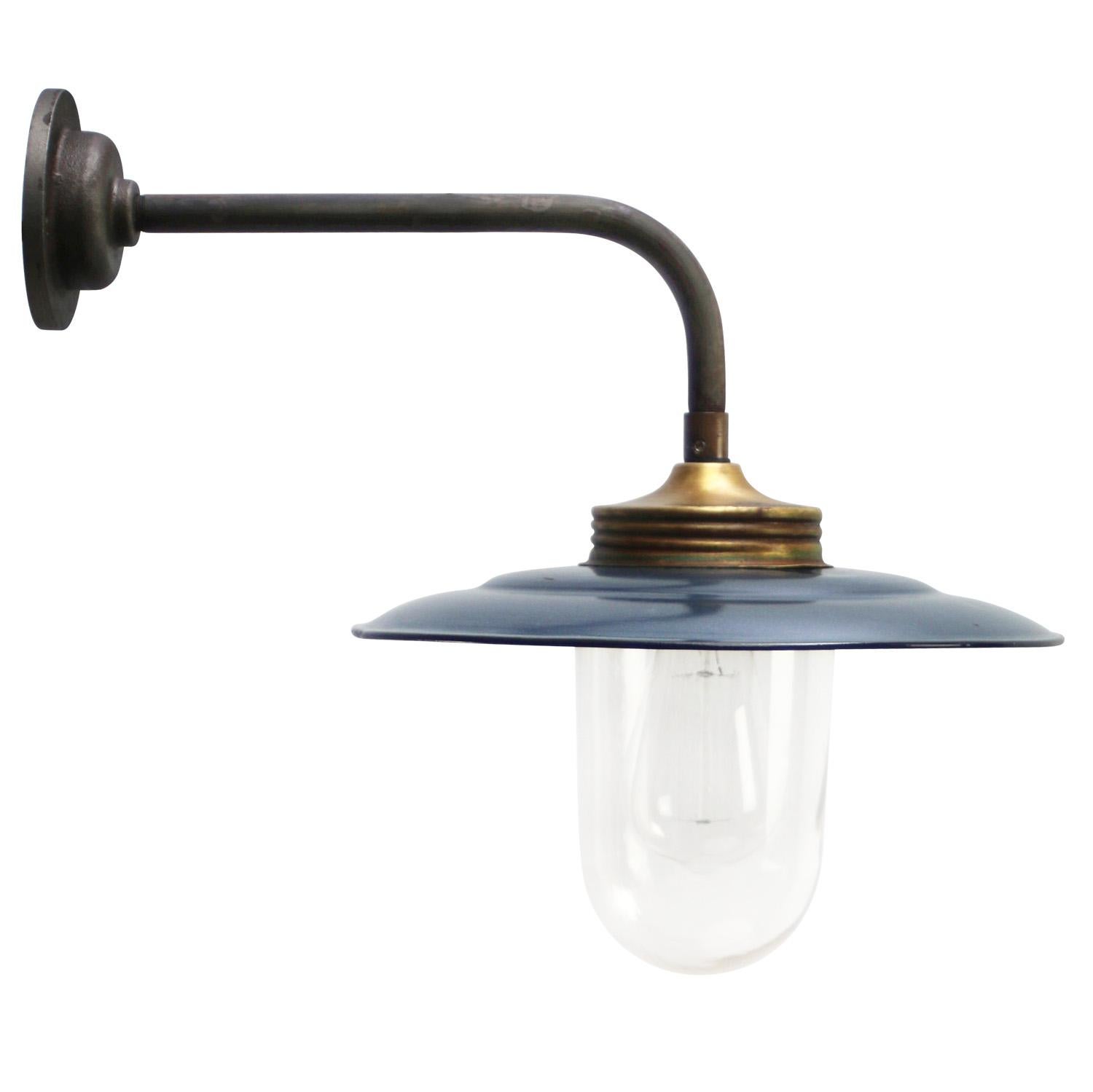 Blue Gray Enamel Vintage Industrial Brass Clear Glass Sconces Wall Lights In Good Condition For Sale In Amsterdam, NL