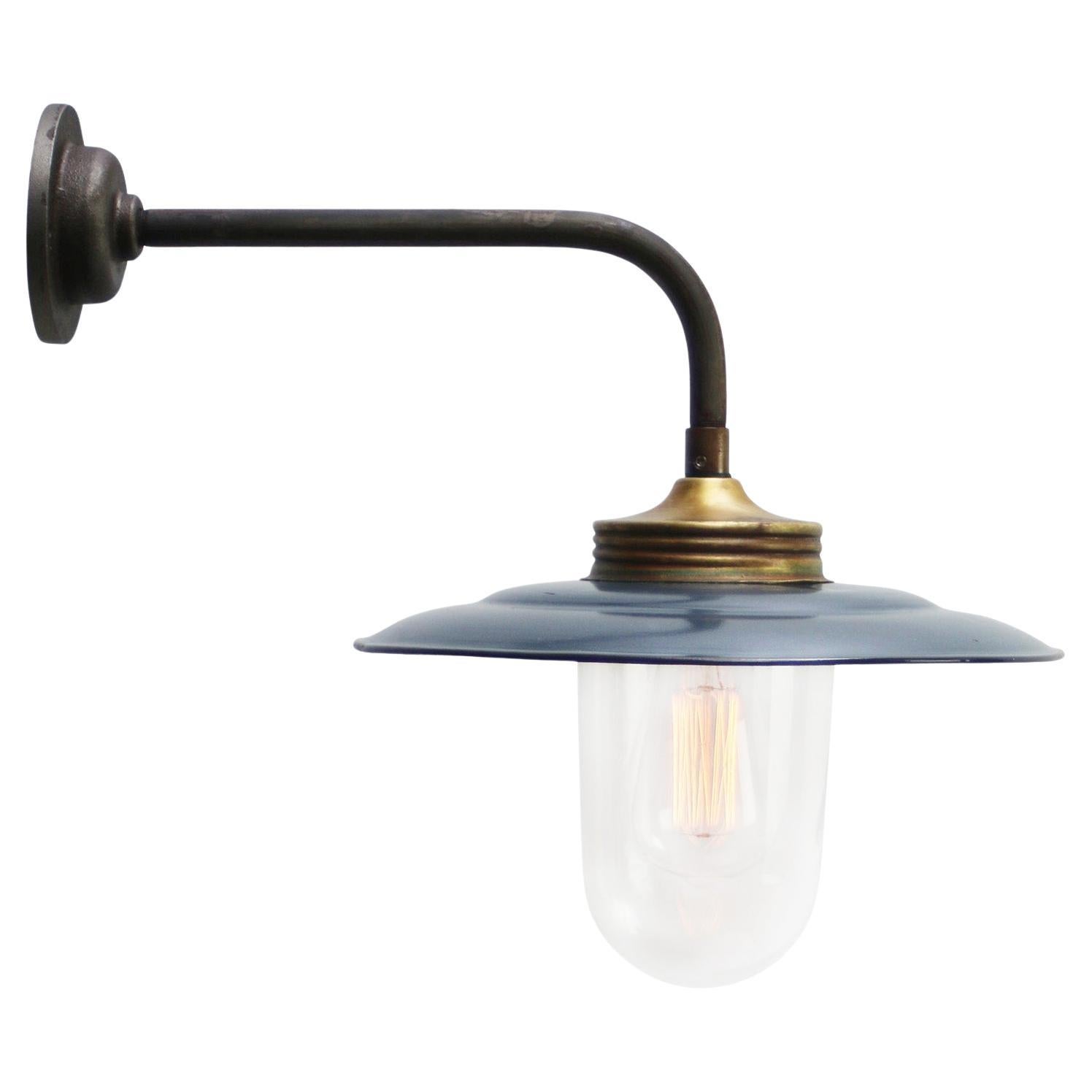 Applique da parete in ottone con vetro trasparente, smalto grigio blu, vintage e industriale