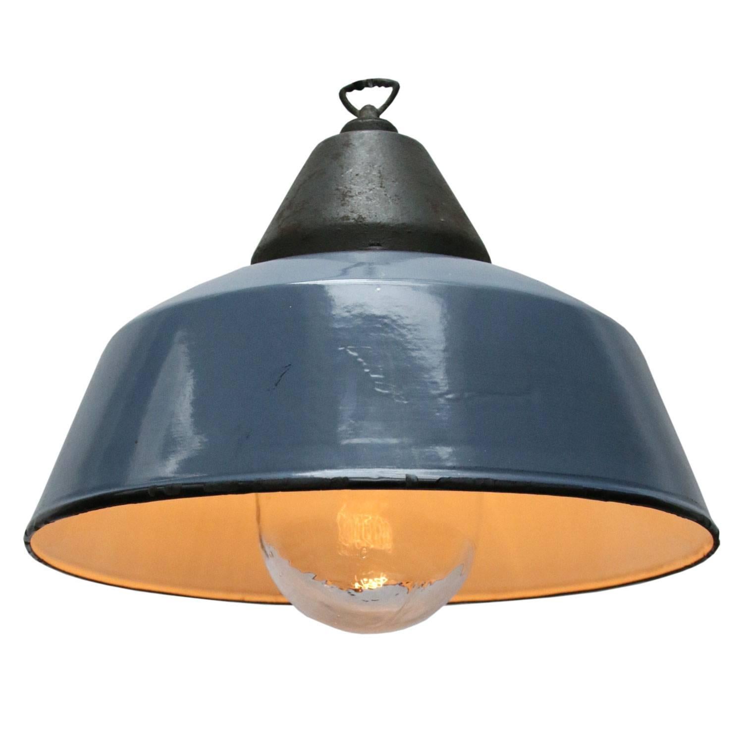 Factory hanging lamp. Blue enamel. White interior.
Clear glass. Cast iron top.

Measurement: Weight 5.5 kg / 12.1 lb

All lamps have been made suitable by international standards for incandescent light bulbs, energy-efficient and LED bulbs. Max