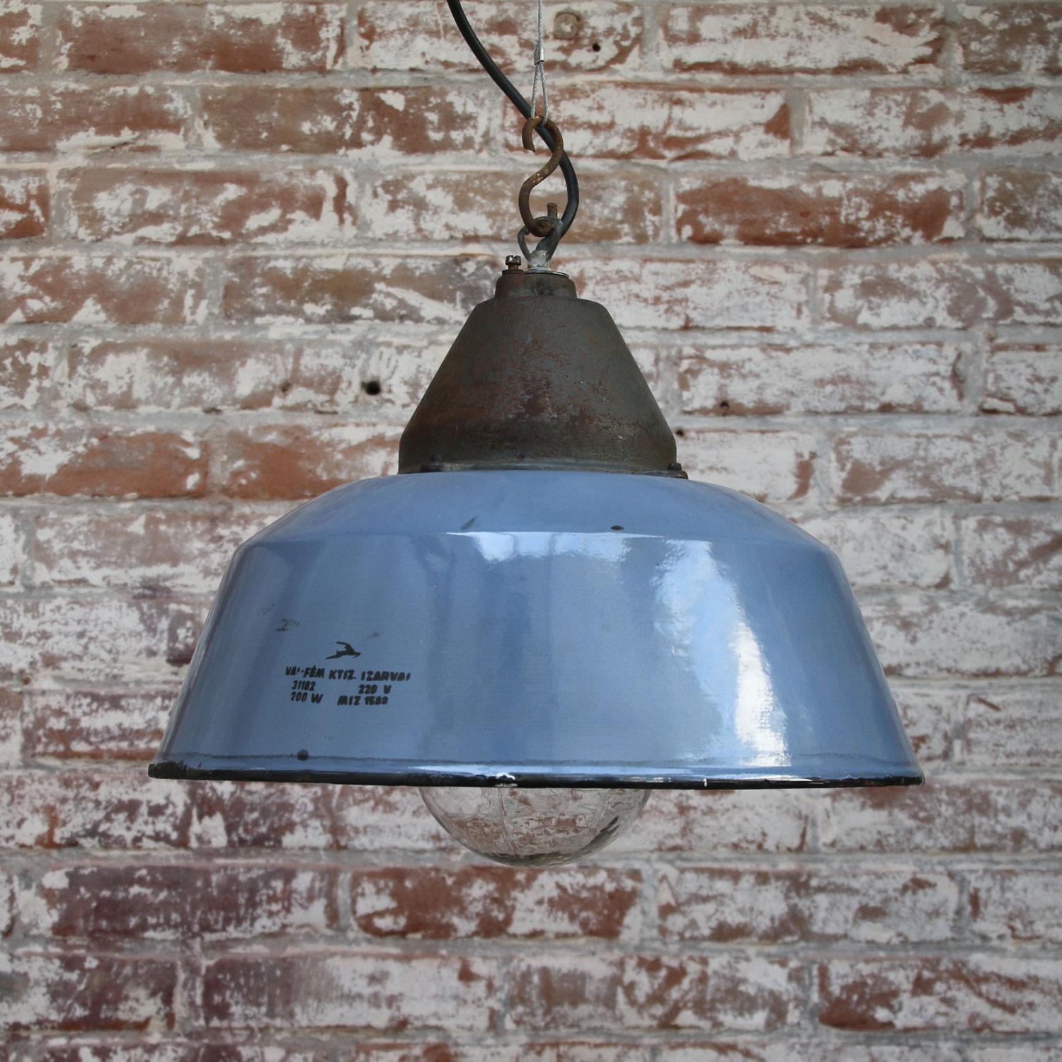Blue Gray Enamel Vintage Industrial Cast Iron Clear Glass Hanging Lights (13x) 1