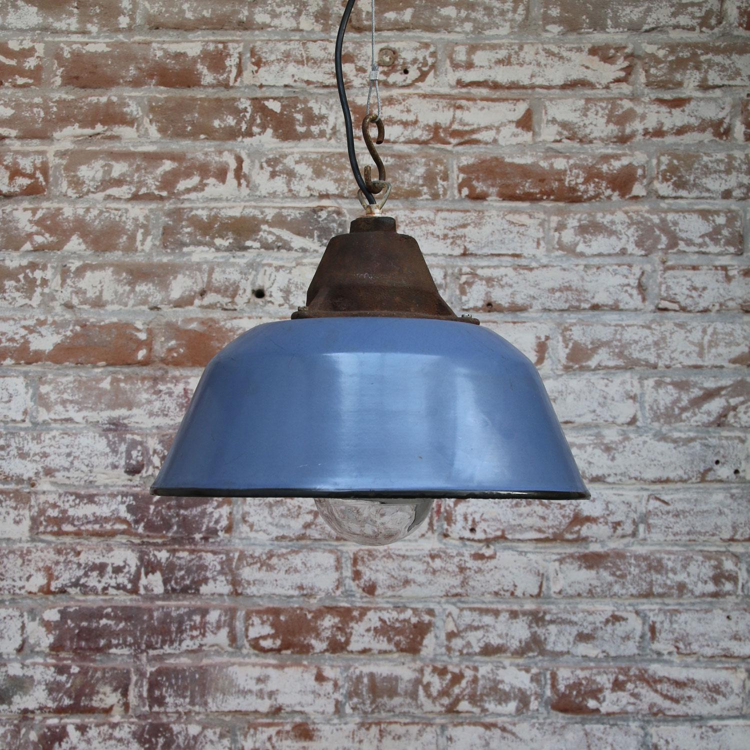 Blue Gray Enamel Vintage Industrial Clear Glass Cast Iron Pendant Lights In Good Condition In Amsterdam, NL