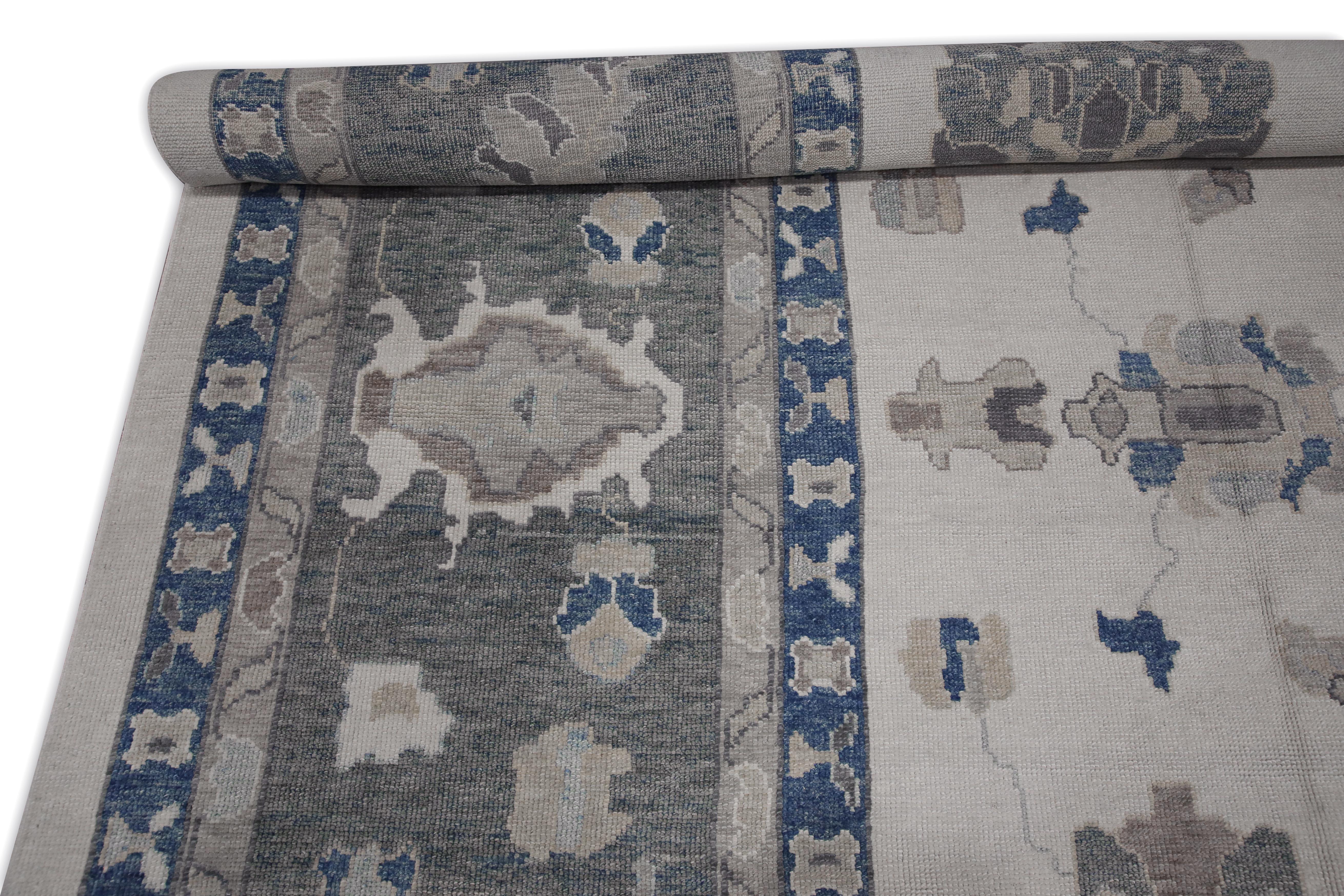 Blue & Gray Floral Design Handwoven Wool Turkish Oushak Rug 14'2
