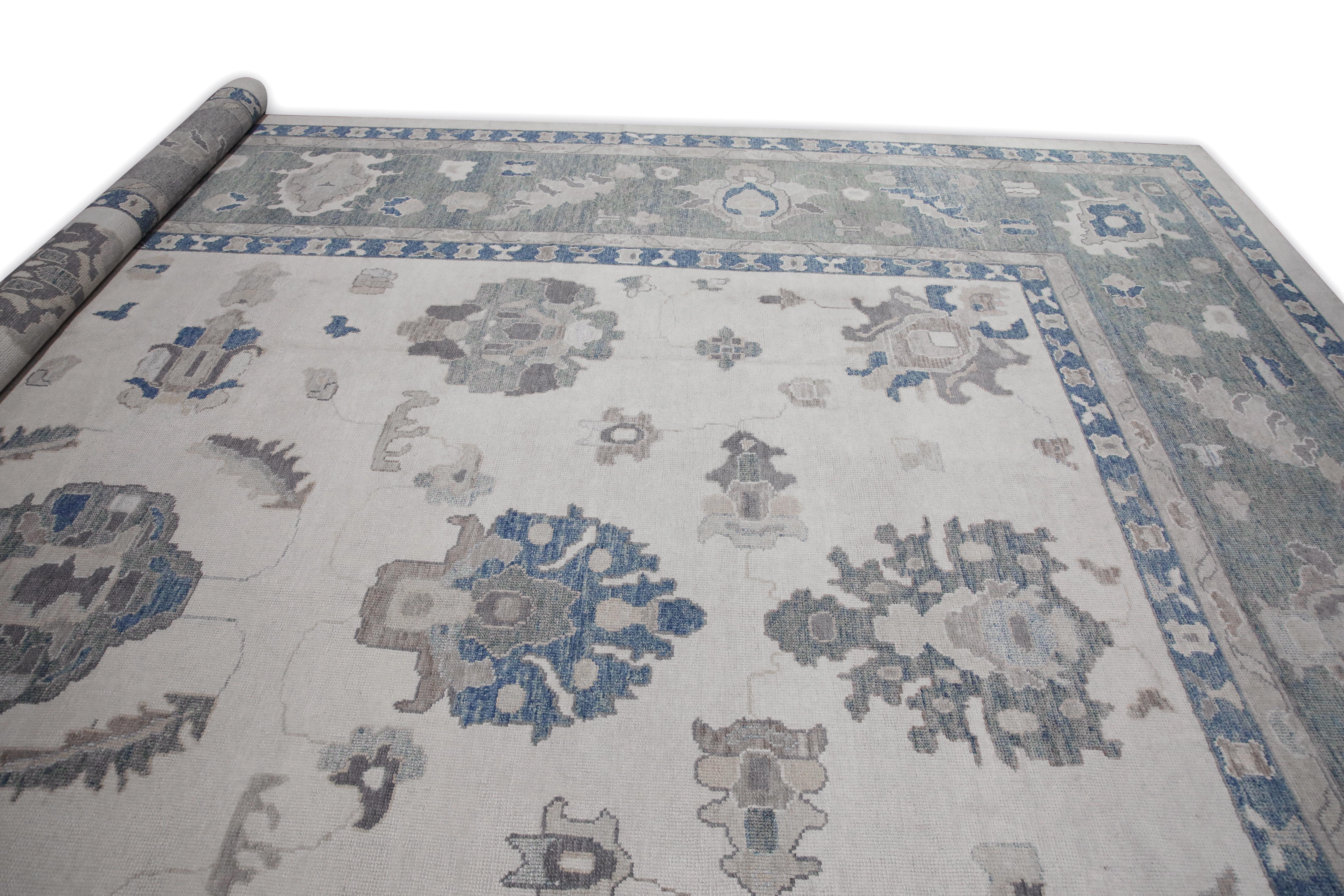 Contemporary Blue & Gray Floral Design Handwoven Wool Turkish Oushak Rug 14'2