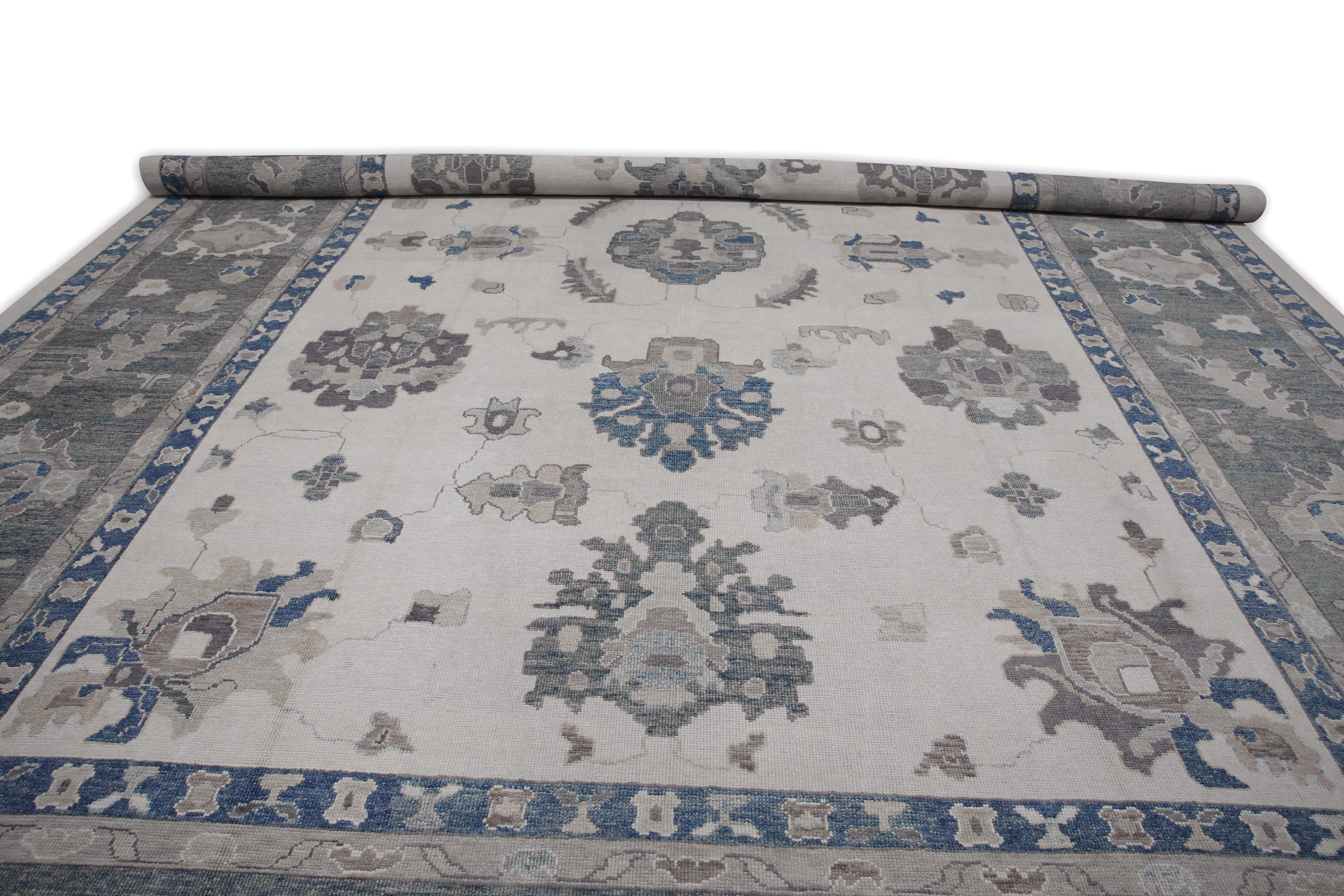 Blue & Gray Floral Design Handwoven Wool Turkish Oushak Rug 14'2