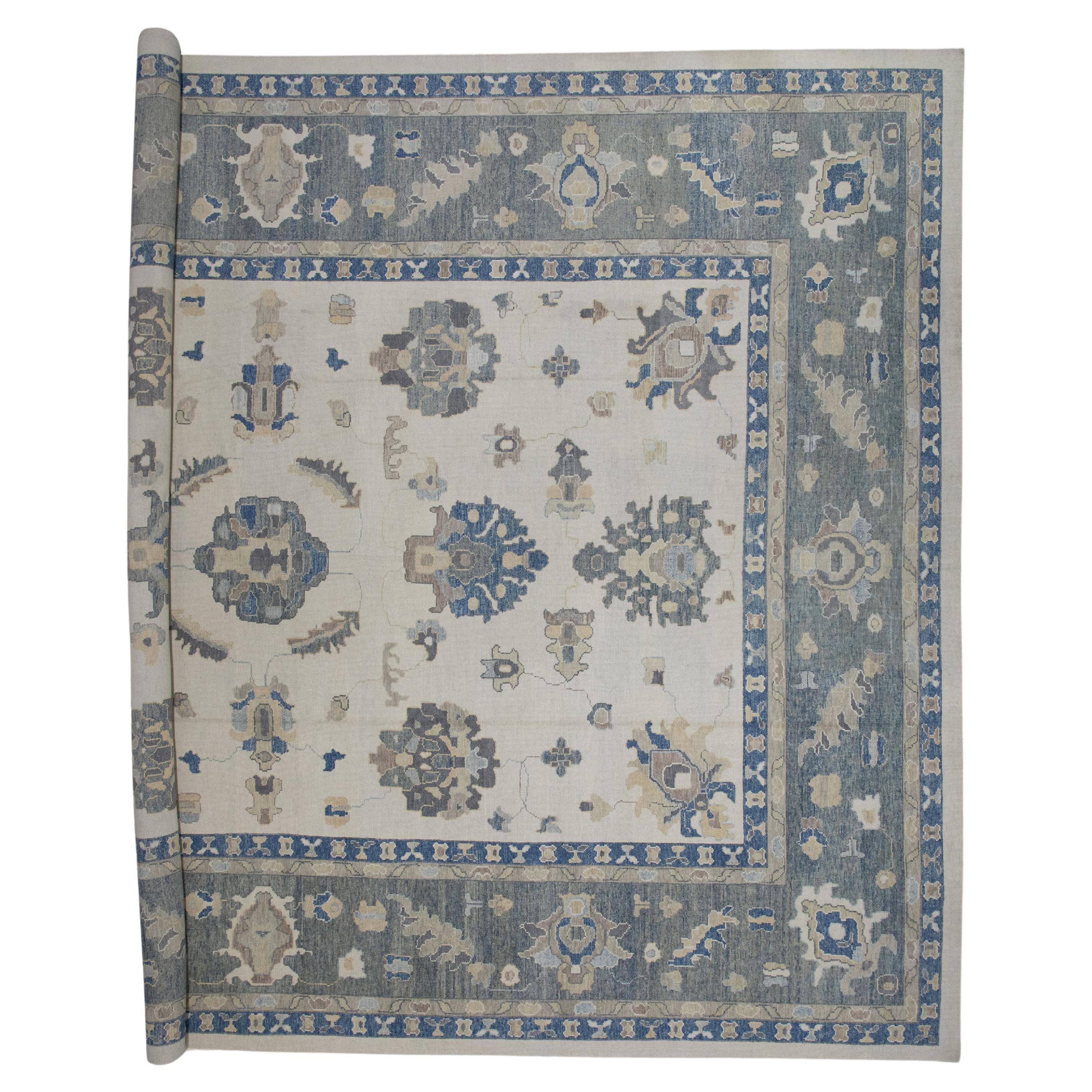 Blue & Gray Floral Design Handwoven Wool Turkish Oushak Rug 14'2" X 19'11" For Sale