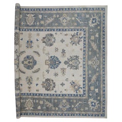 Handgewebter türkischer Oushak-Teppich aus Wolle in Blau & Grau mit Blumenmuster 14'2" X 19'11"