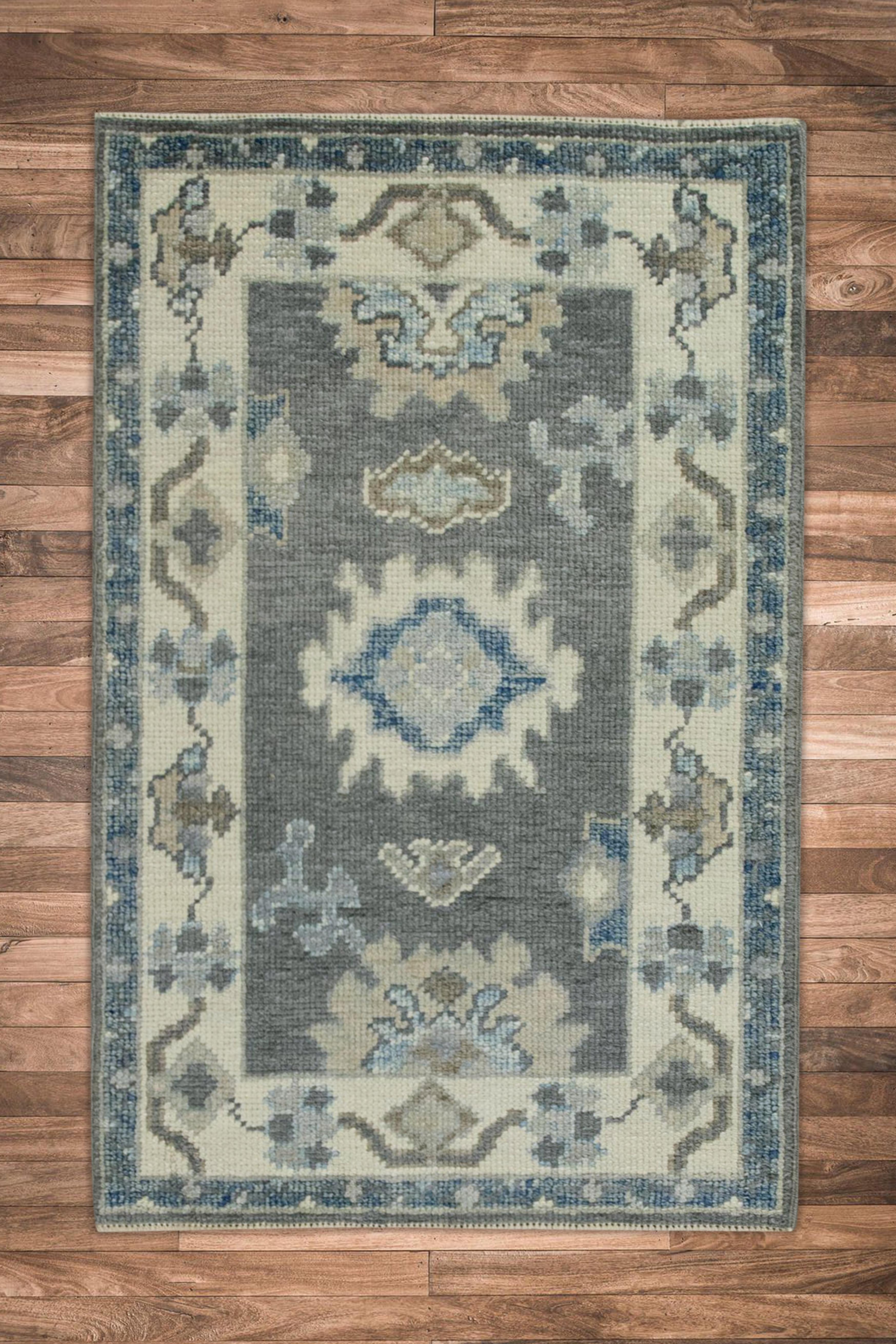 Contemporary Blue & Gray Floral Design Handwoven Wool Turkish Oushak Rug For Sale