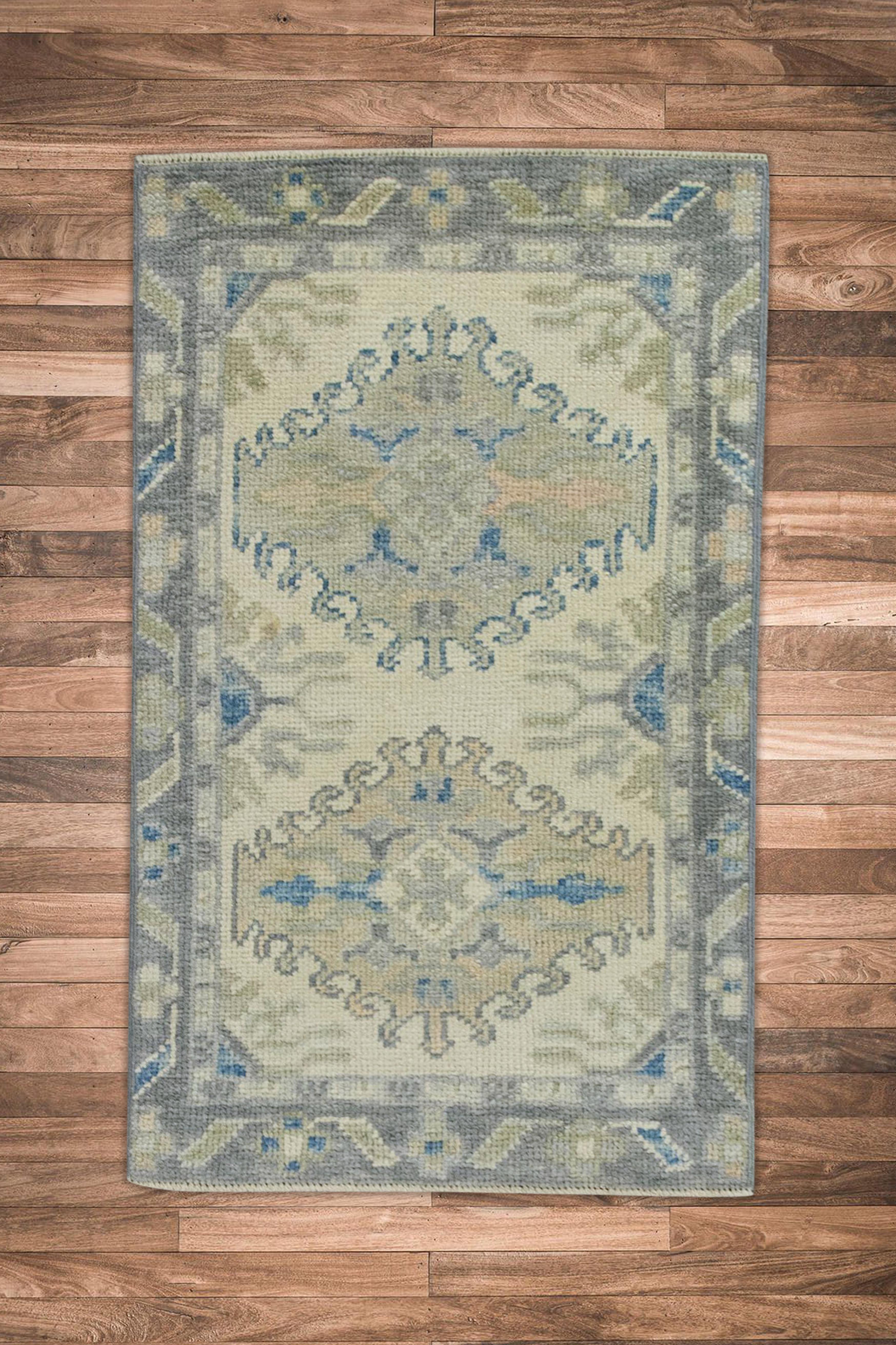 Contemporary Blue & Gray Geometric Design Handwoven Wool Turkish Oushak Rug For Sale