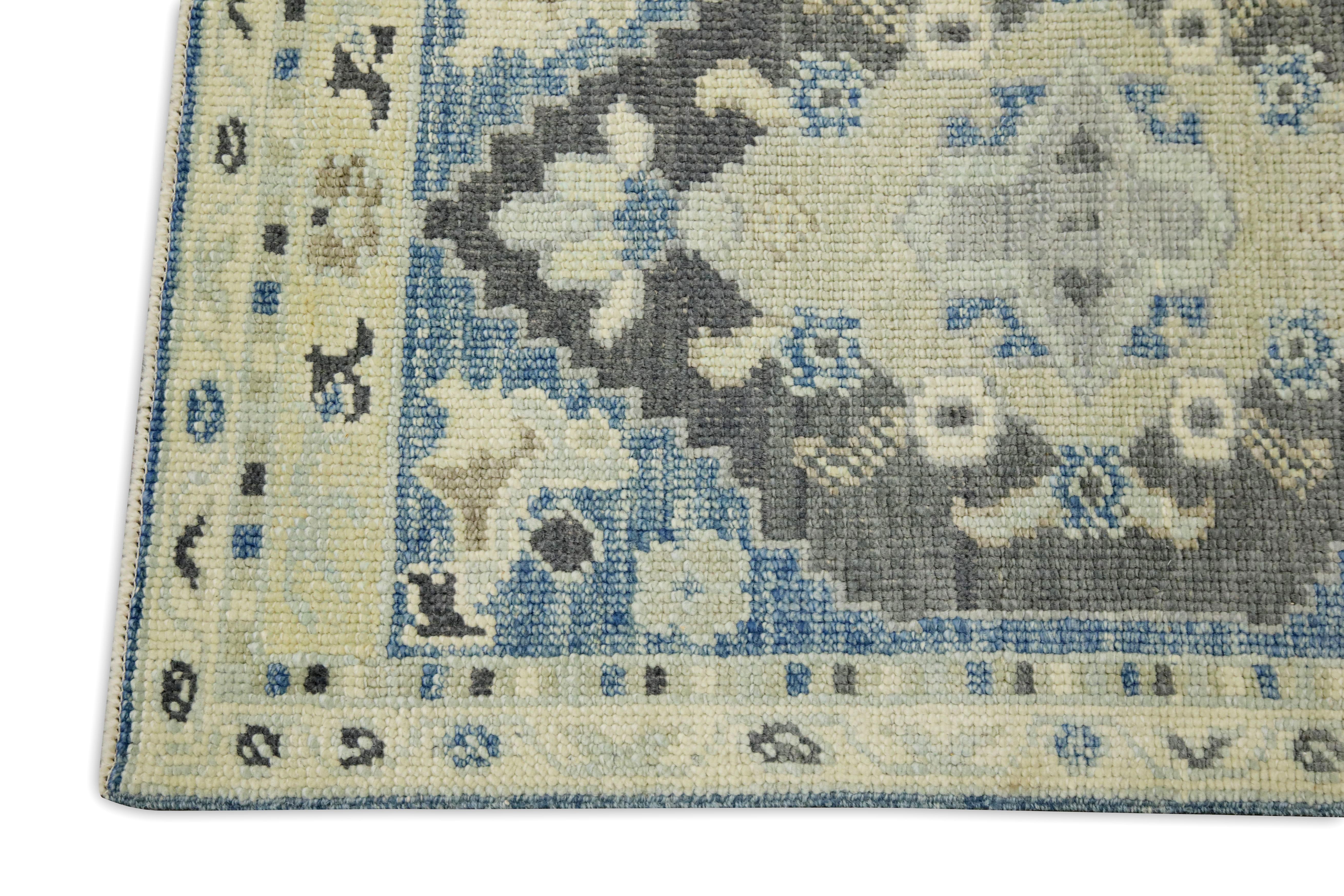 Hand-Woven Blue & Gray Geometric Design Handwoven Wool Turkish Oushak Rug For Sale