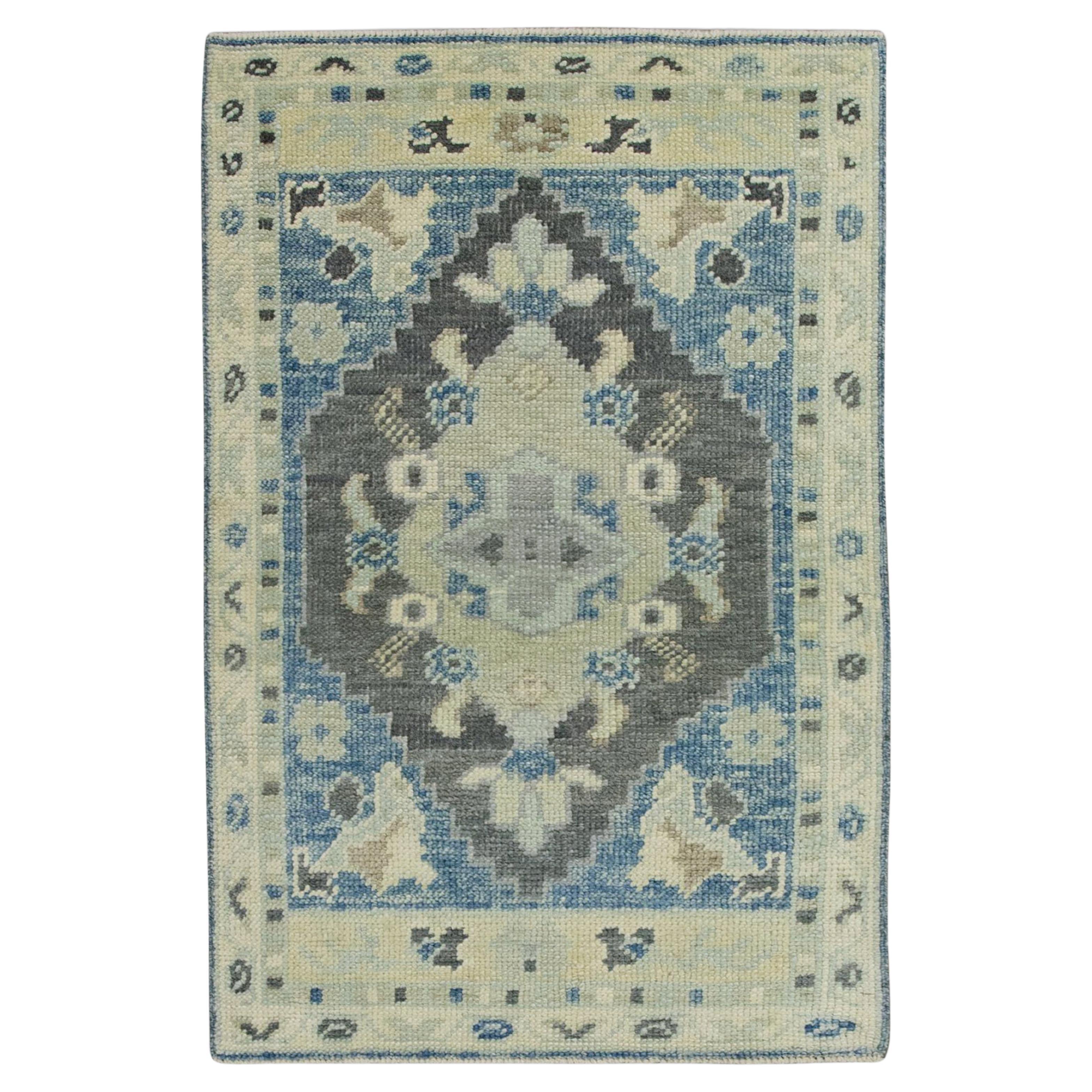 Blue & Gray Geometric Design Handwoven Wool Turkish Oushak Rug For Sale