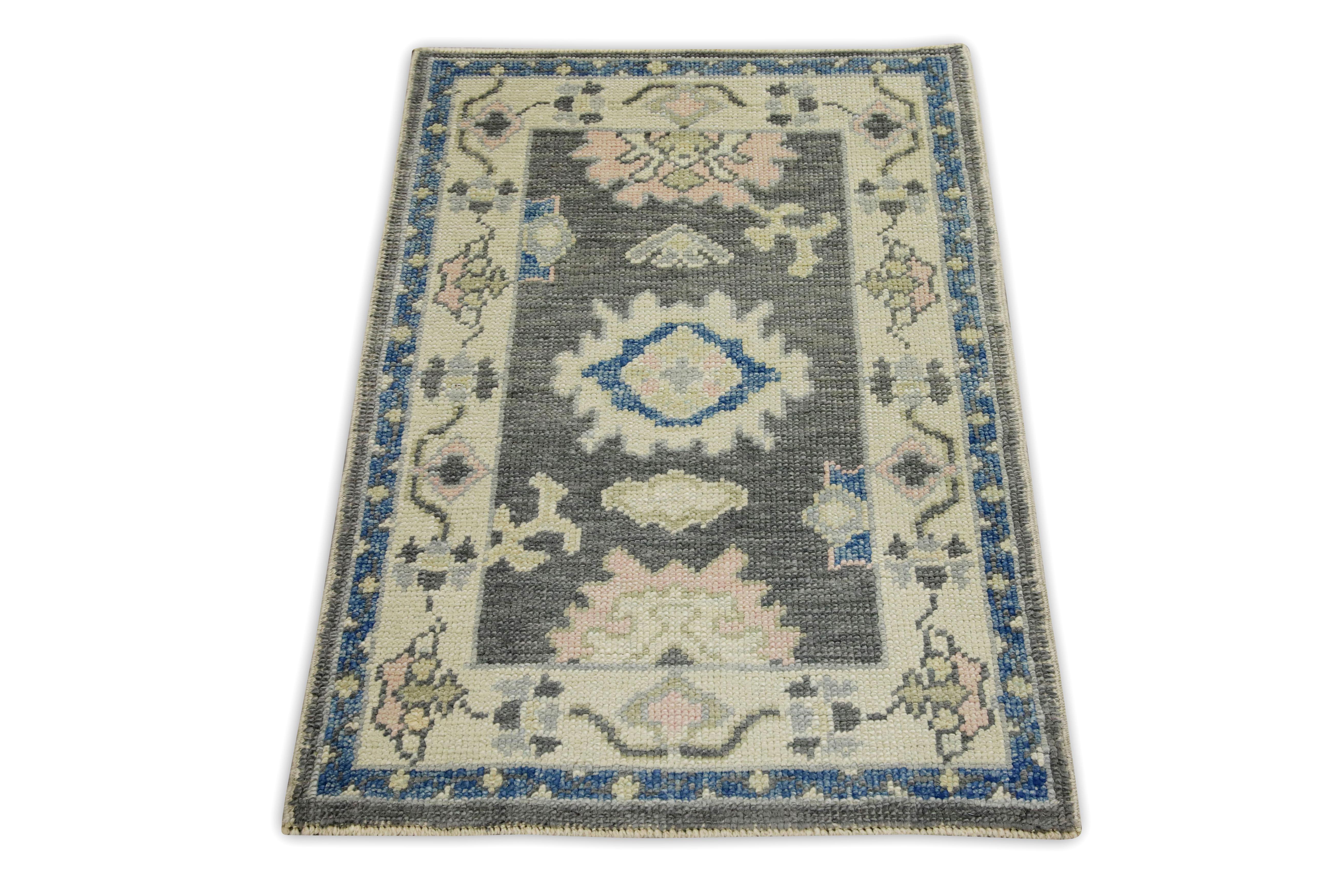 Blue & Gray Geometric Design Handwoven Wool Turkish Oushak Rug In New Condition For Sale In Houston, TX