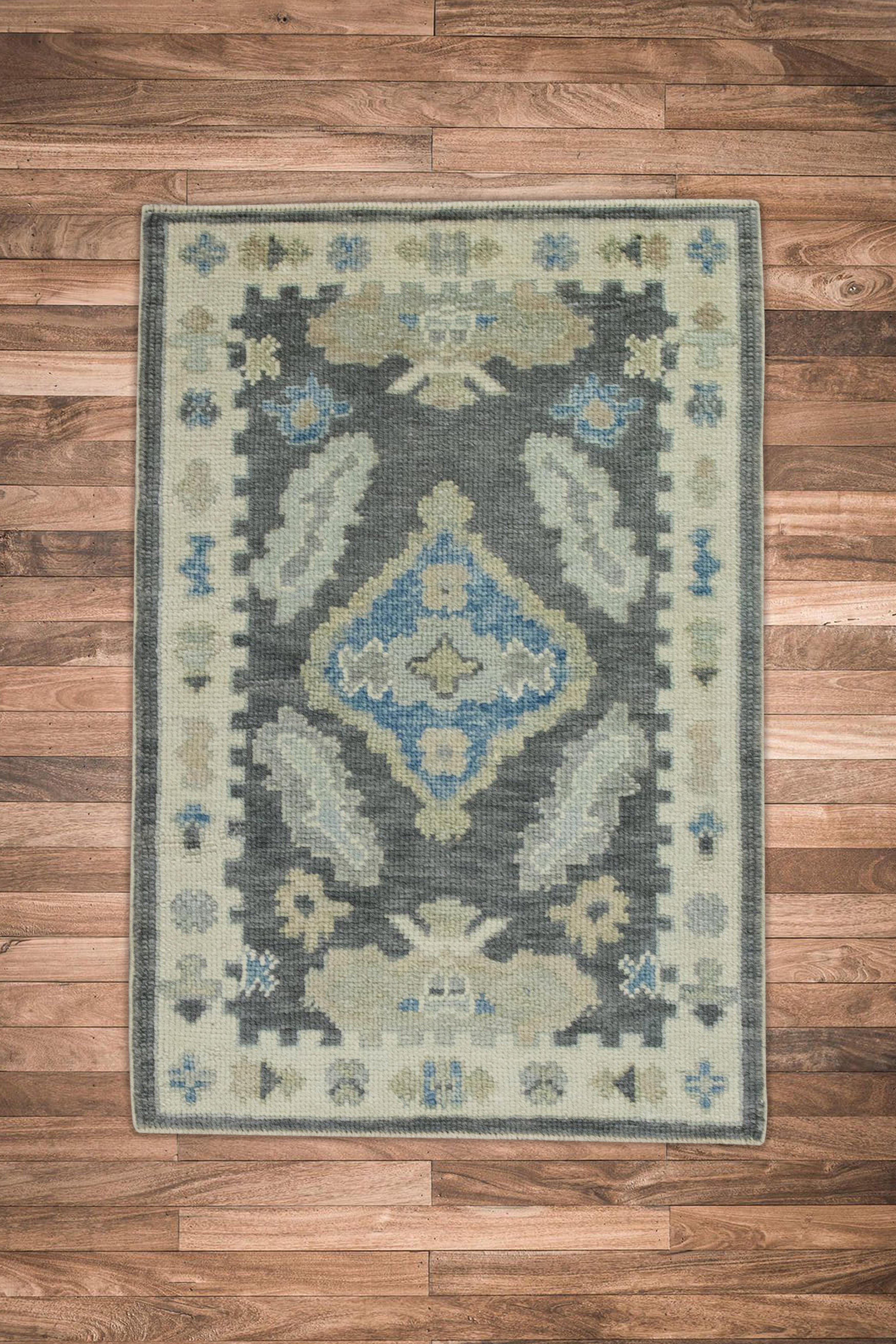 Contemporary Blue & Gray Geometric Design Handwoven Wool Turkish Oushak Rug For Sale