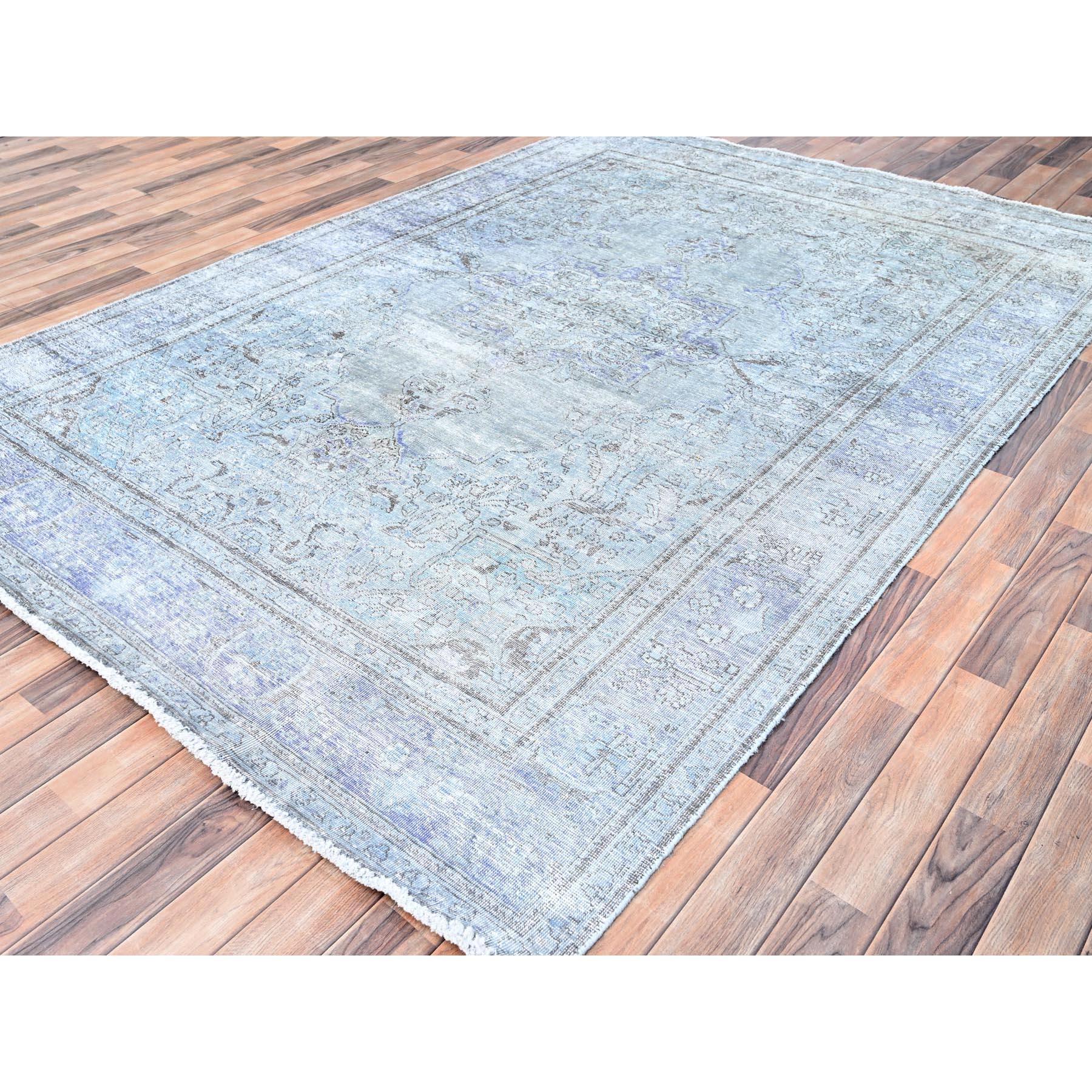 Blue Gray Hand Knotted Old Persian Tabriz Distressed Look Cropped Thin Wool Rug In Fair Condition For Sale In Carlstadt, NJ