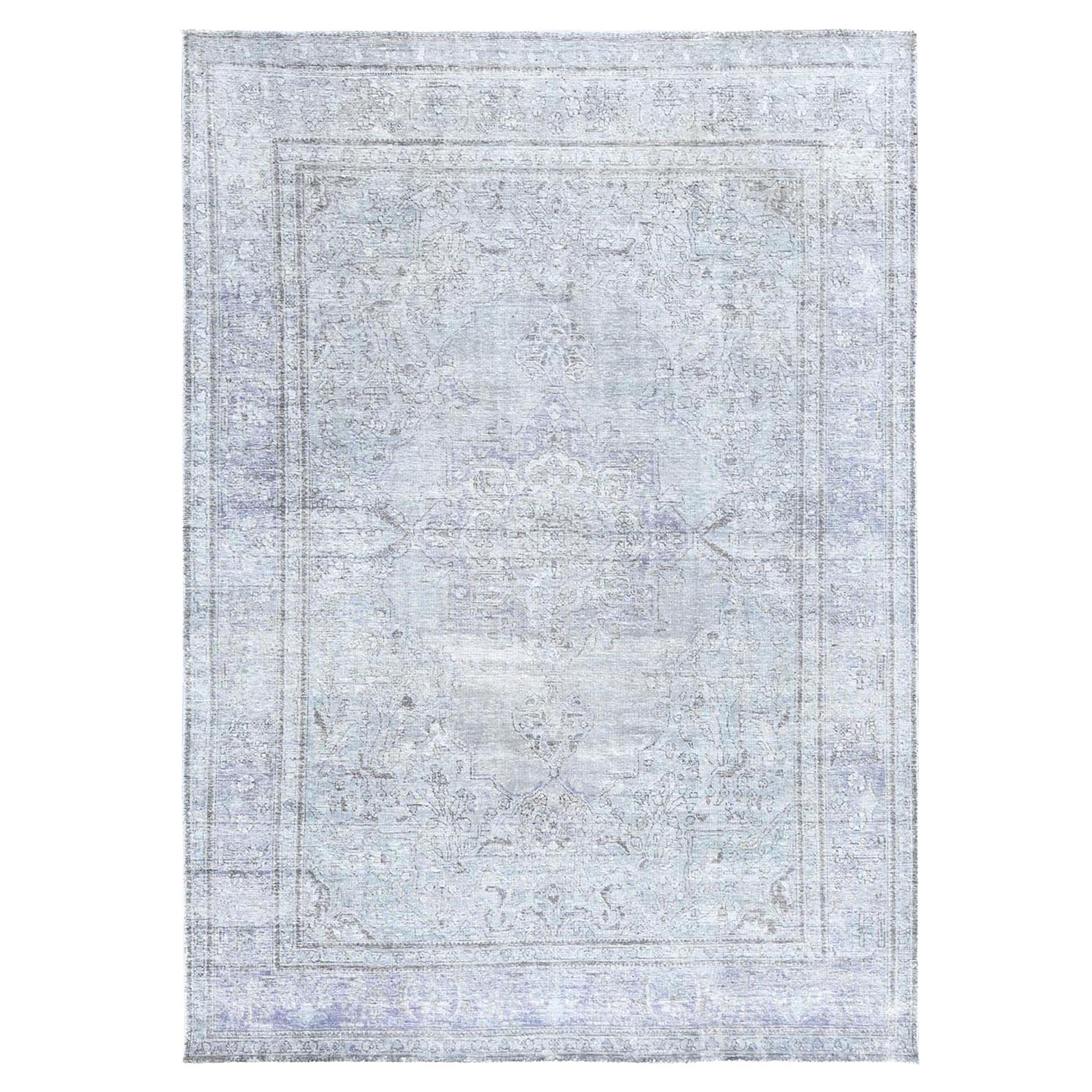 Blue Gray Hand Knotted Old Persian Tabriz Distressed Look Cropped Thin Wool Rug For Sale