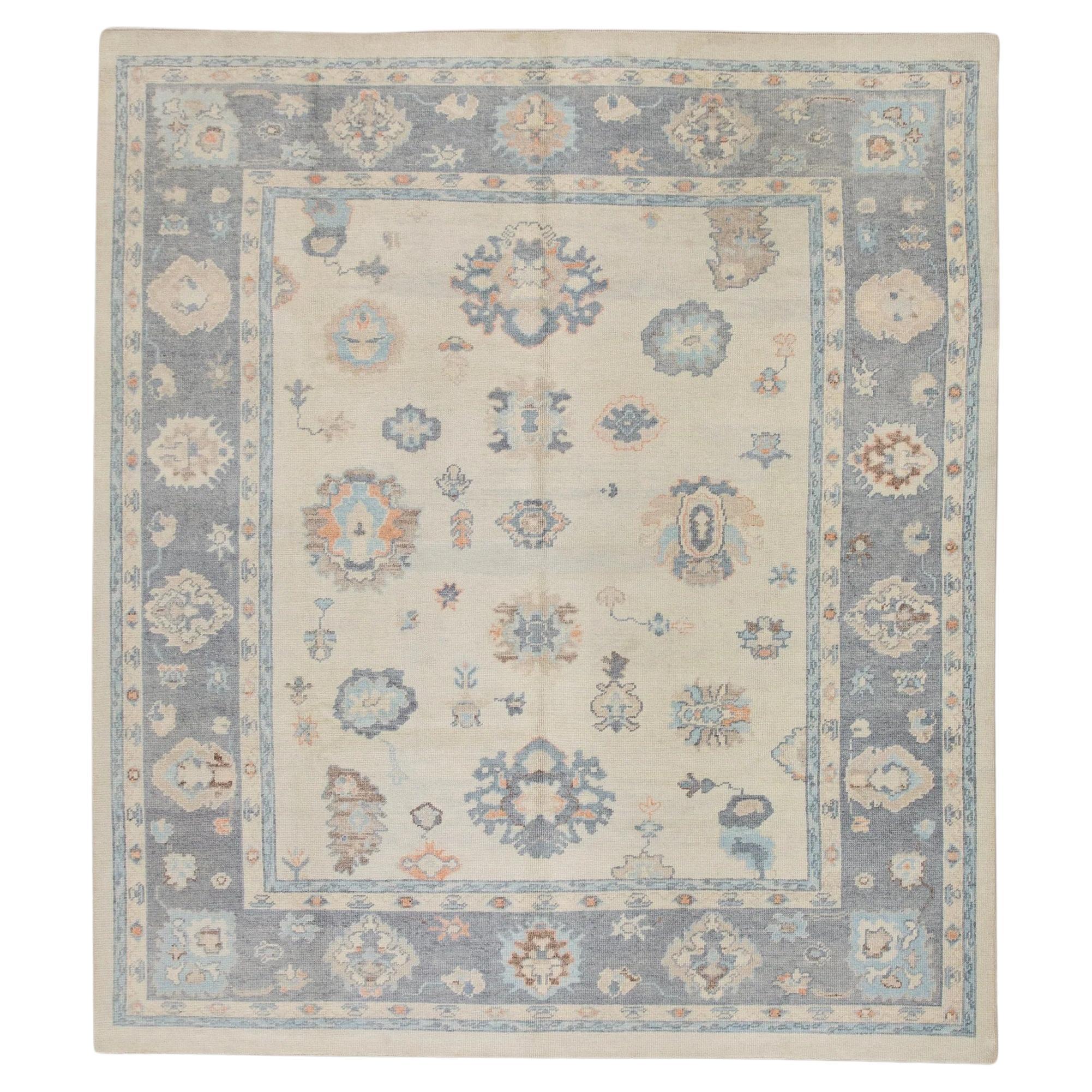 Blue & Gray Handwoven Wool Turkish Oushak Rug 8'5" x 10'1" For Sale