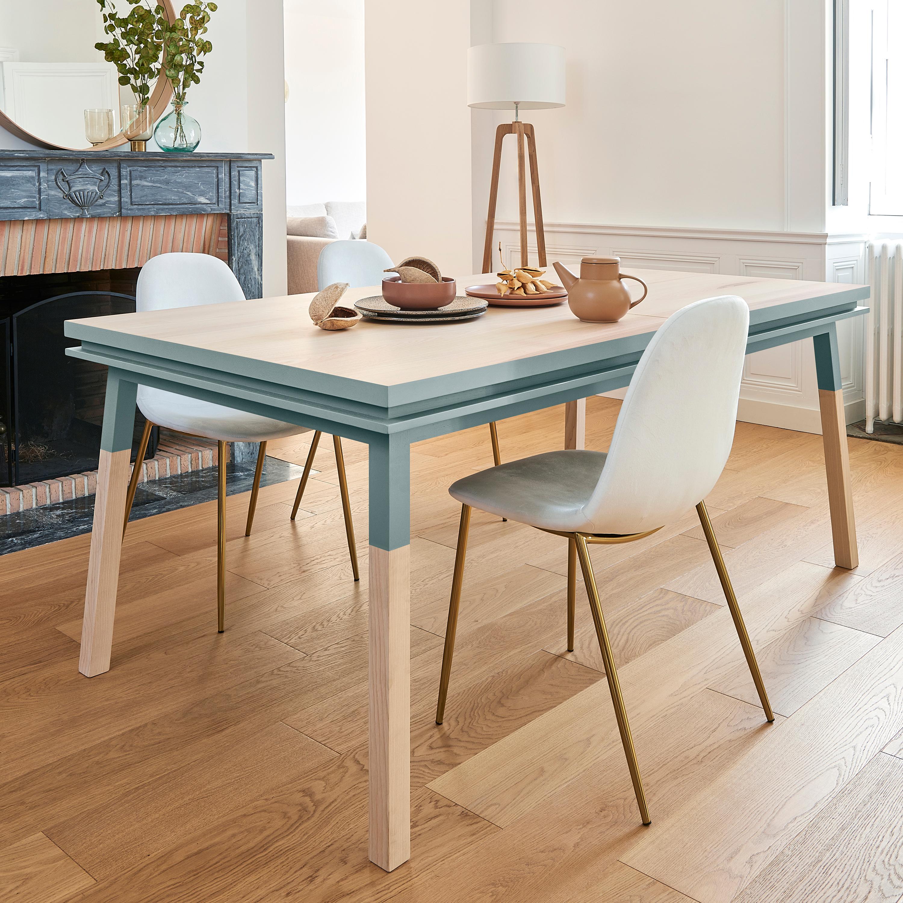 Scandinavian Modern Blue gray natural solid wood dining table, designed by E. Gizard in Paris For Sale