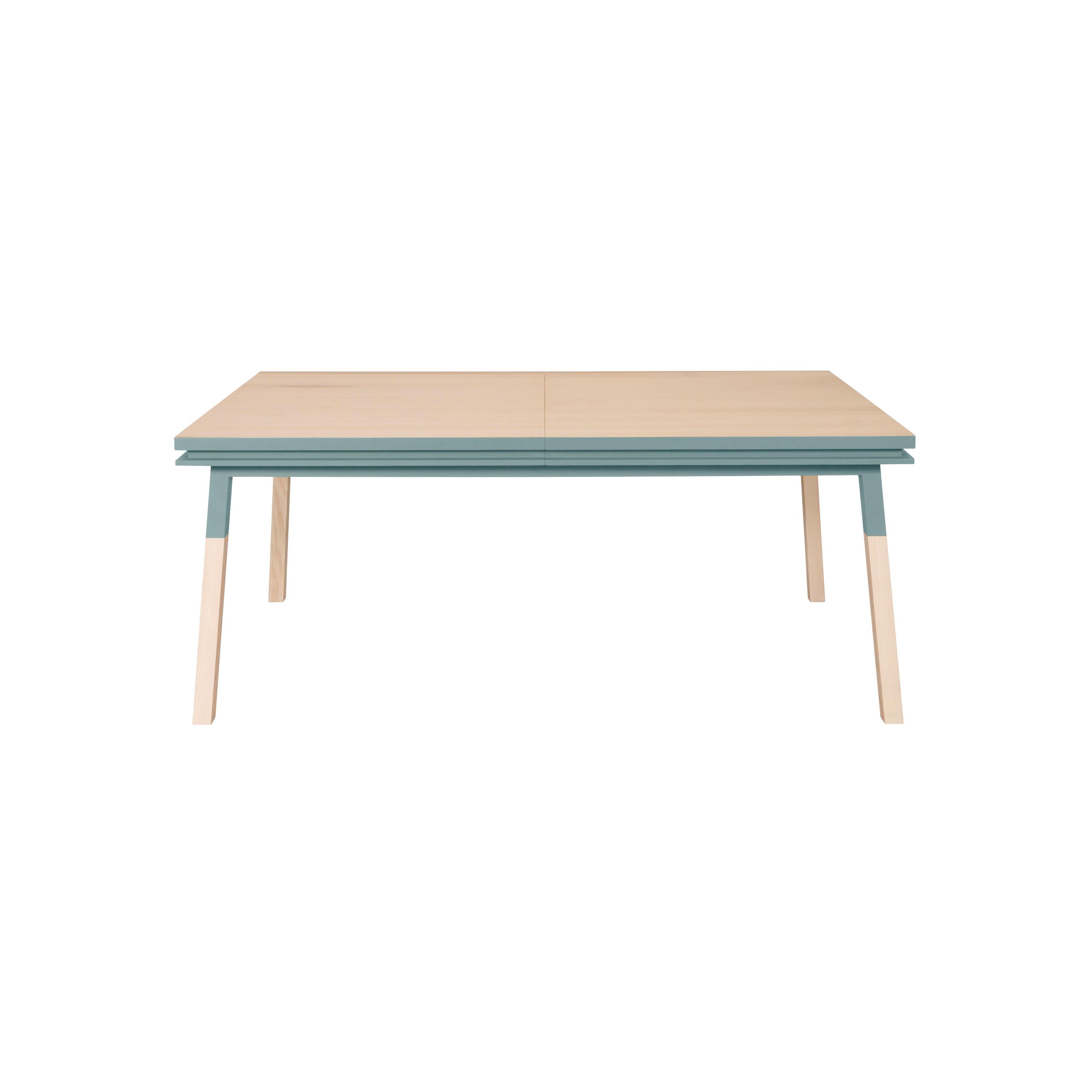 French Blue gray natural solid wood dining table, designed by E. Gizard in Paris For Sale