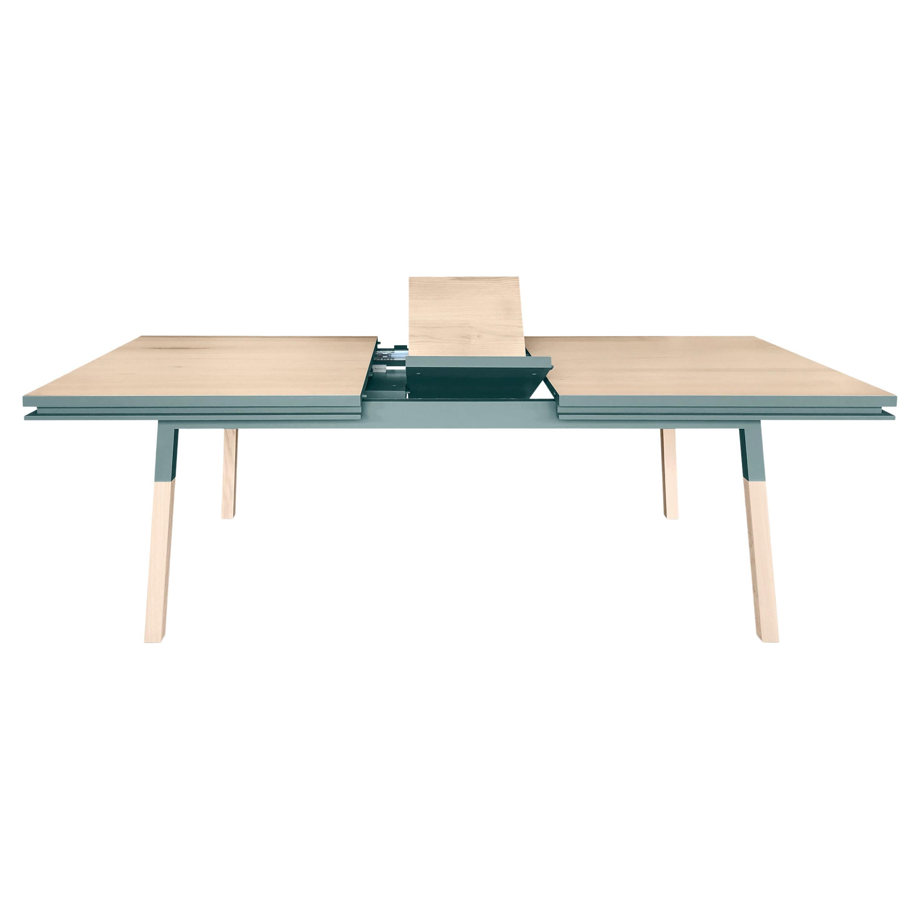Blue gray natural solid wood dining table, designed by E. Gizard in Paris For Sale