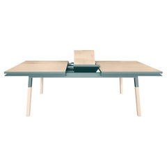 Blue gray natural solid wood dining table, designed by E. Gizard in Paris