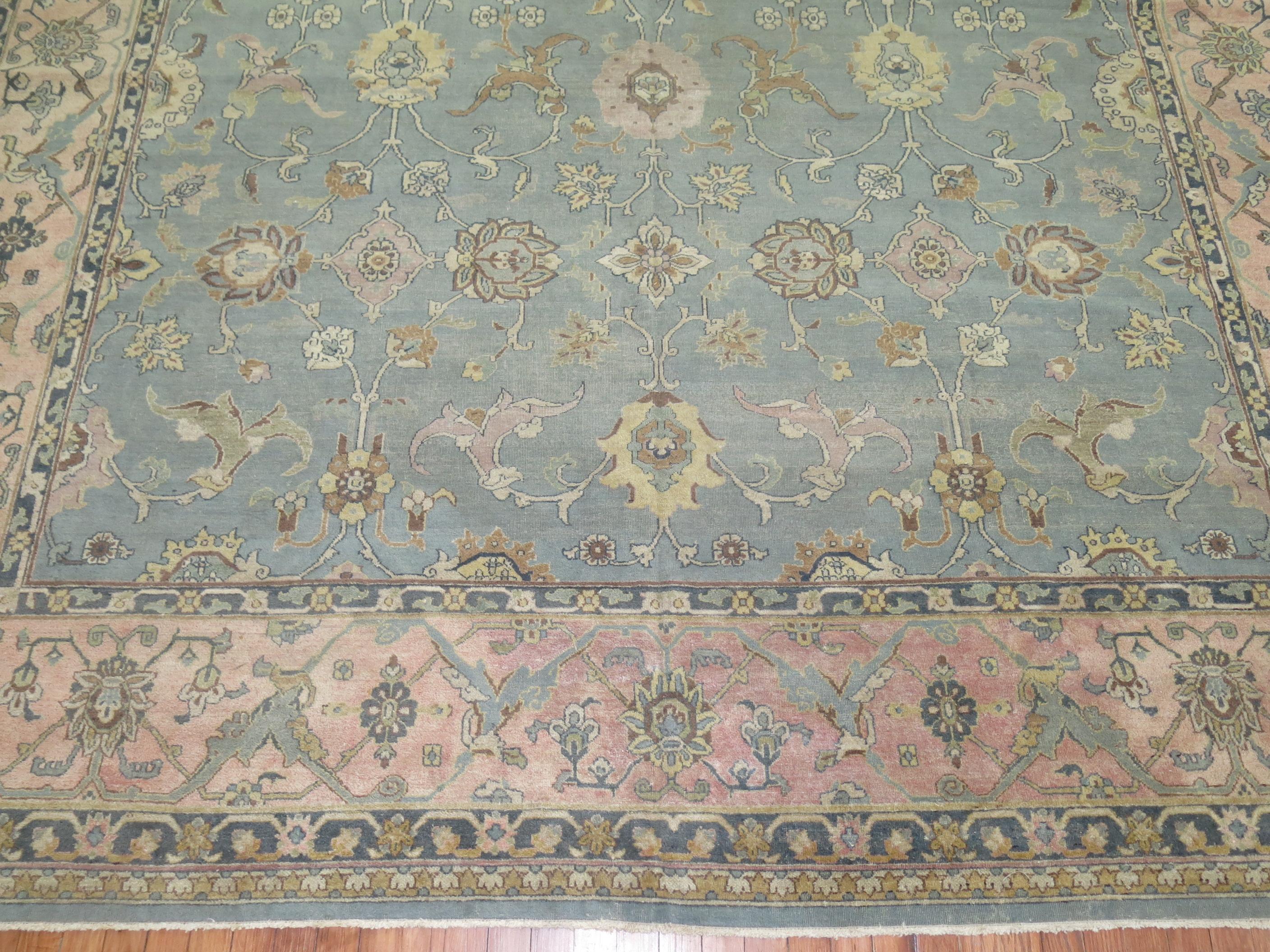 Blue Gray Pink Indian Room Size Rug For Sale 2