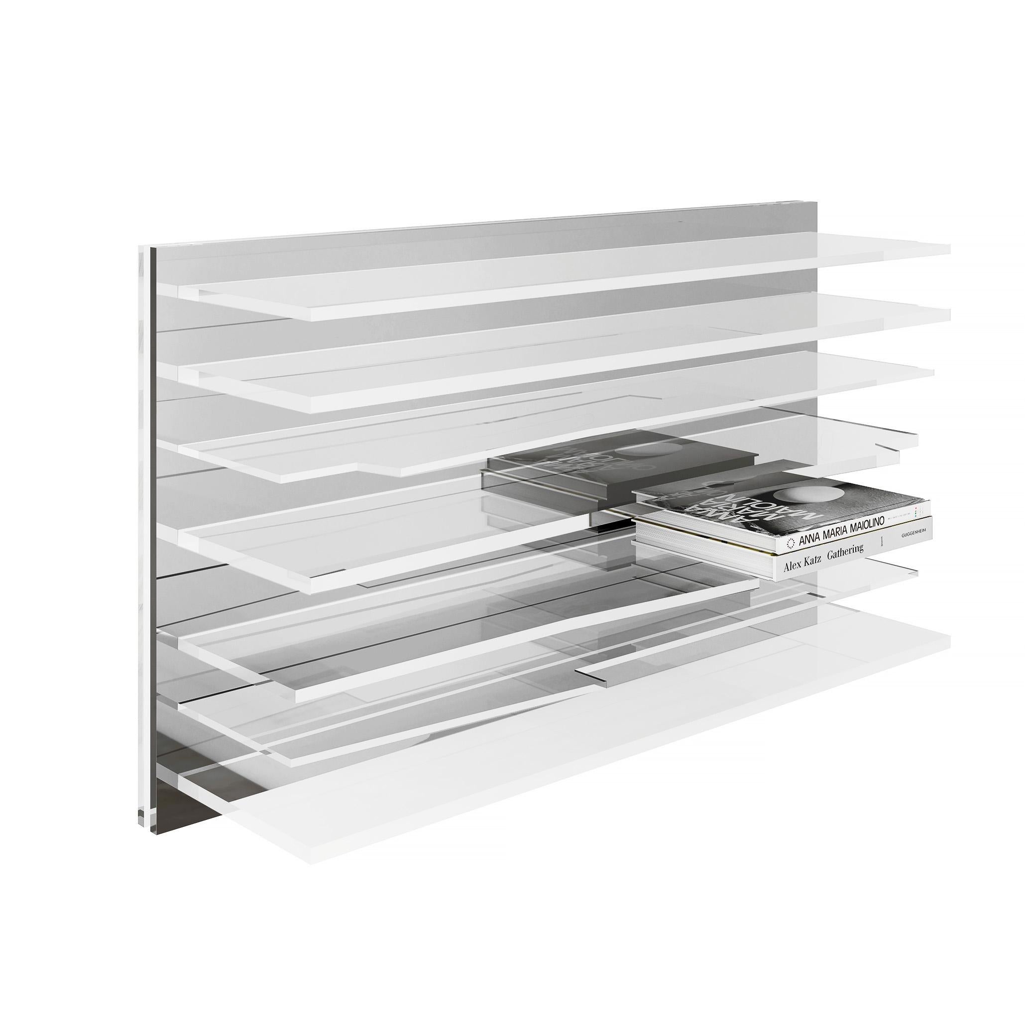 Blue Gray Sapere Bookcase by Migdalia Salazar, Mirror Acrylic Shelf For Sale 3
