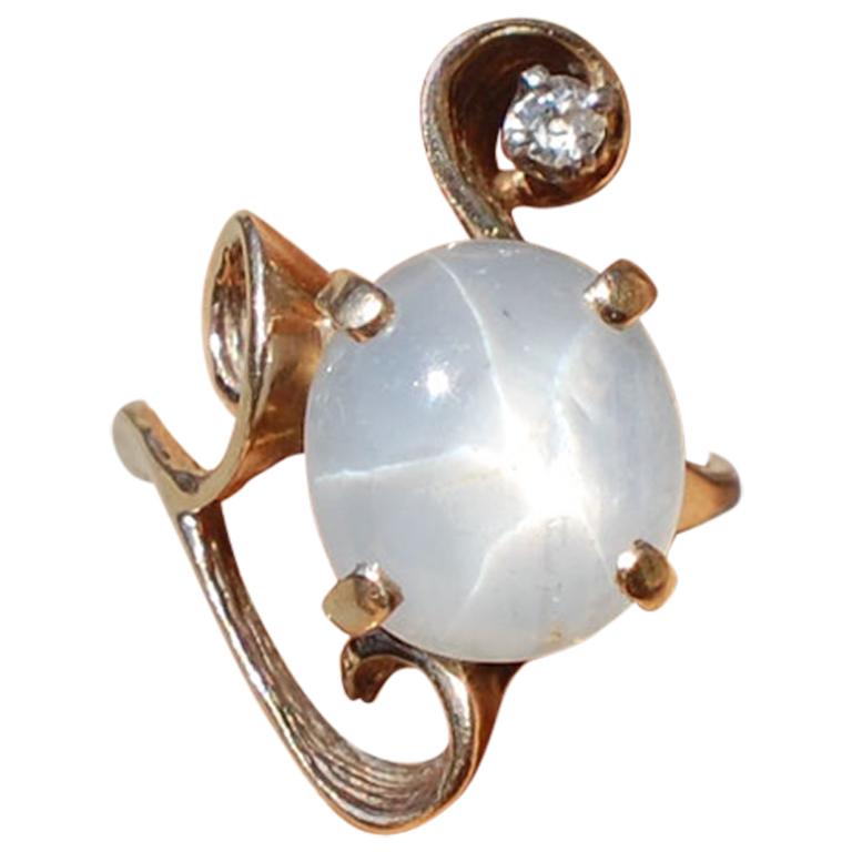 Blue Gray Star 8 Carat Sapphire and European Diamond Ring, circa 1950