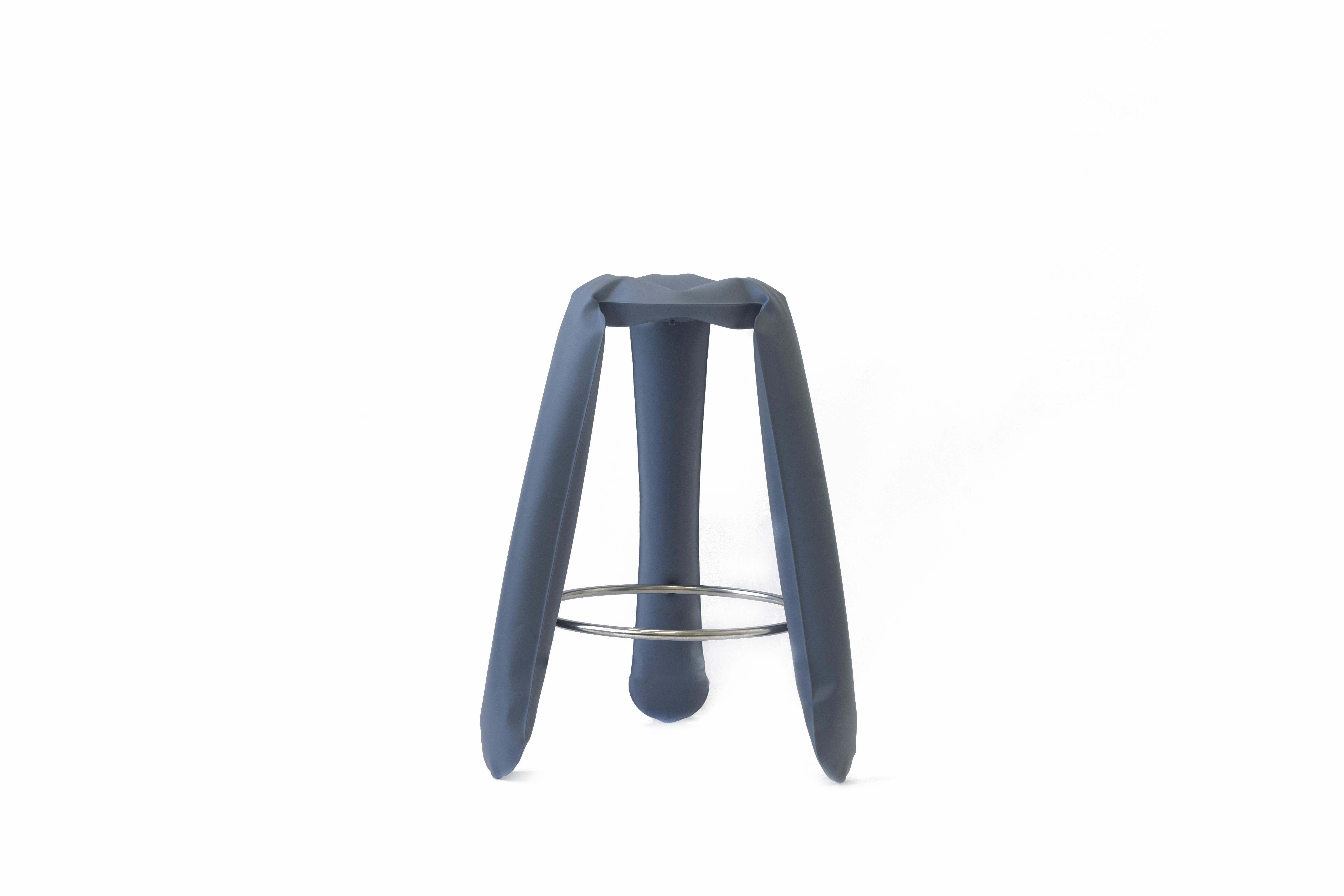 Blue gray steel bar Plopp stool by Zieta
Dimensions: D 35 x H 75 cm 
Material: Carbon steel. 
Finish: Powder-Coated.
Available in colors: Beige, black, white, blue, graphite, moss, umbra gray, flaming gold, and cosmic blue. Available in Stainless