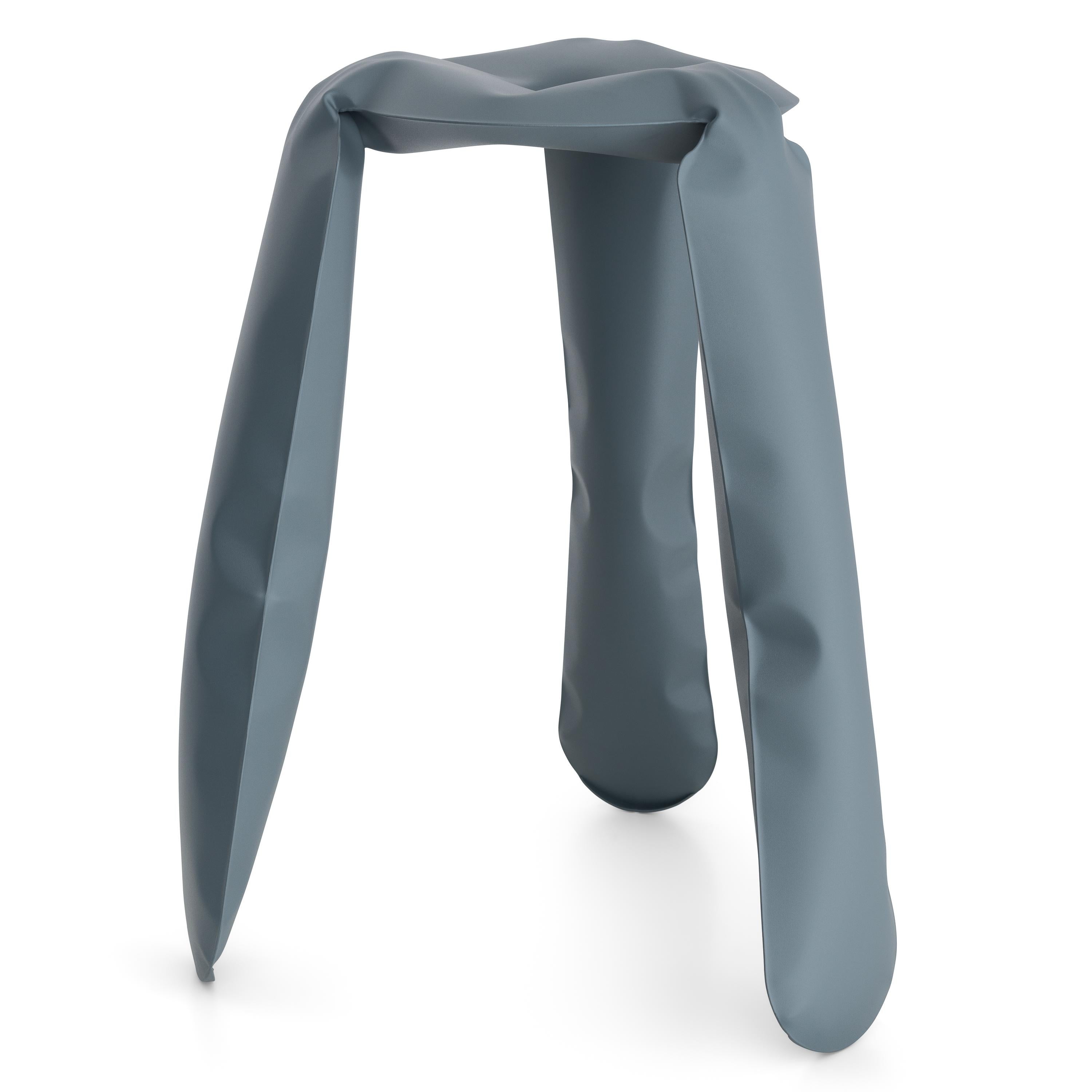 Blue gray steel kitchen plopp stool by Zieta
Dimensions: D 35 x H 65 cm 
Material: Carbon steel. 
Finish: Powder-coated. 
Available in colors: Beige, black, blue, graphite, moss, umbra gray, and flamed gold. Available in stainless steel, aluminum,