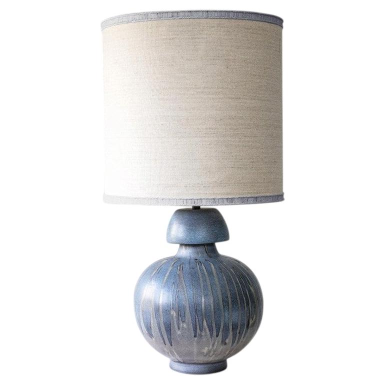 Blue Gray Striped Ceramic Table Lamp, Custom Made Silk Lampshade by R. Houben