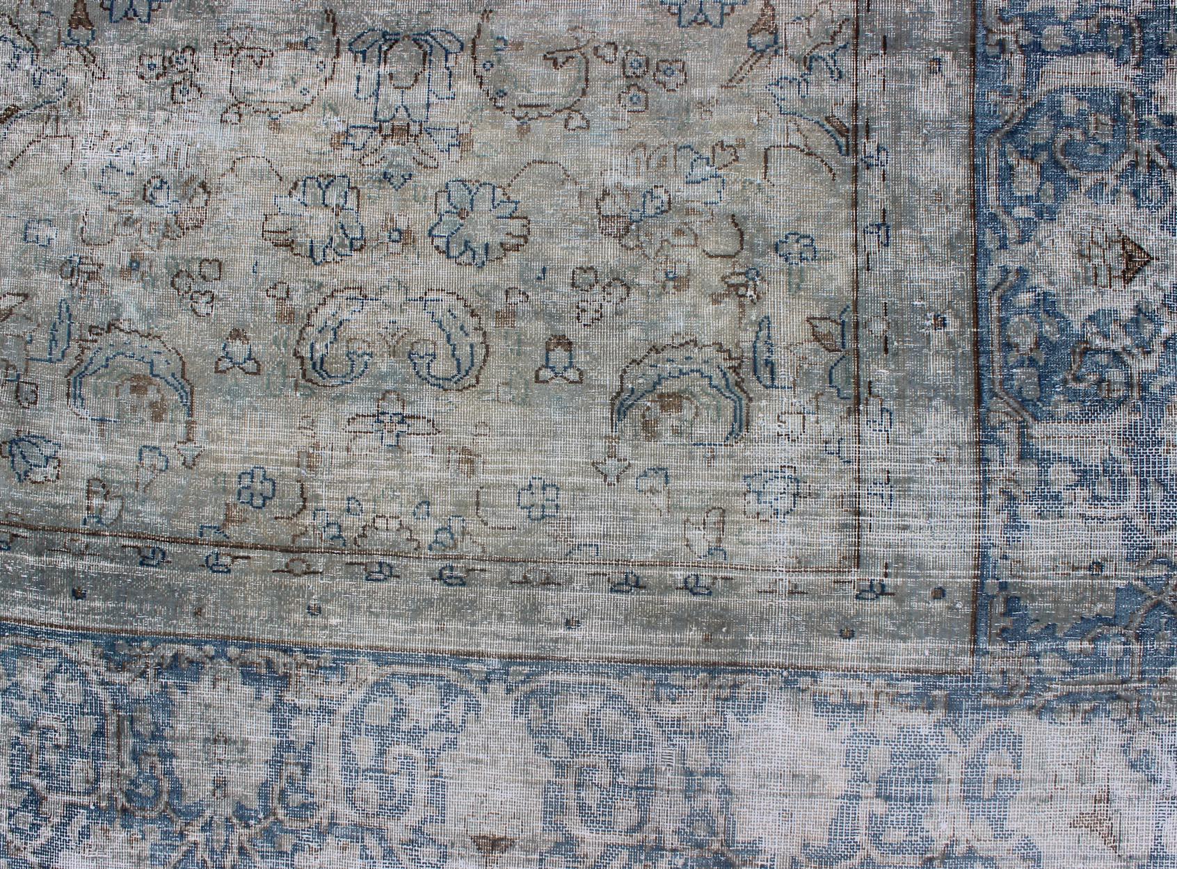 Wool Blue/Gray Vintage Persian Distressed Rug with Modern and Rustic Design