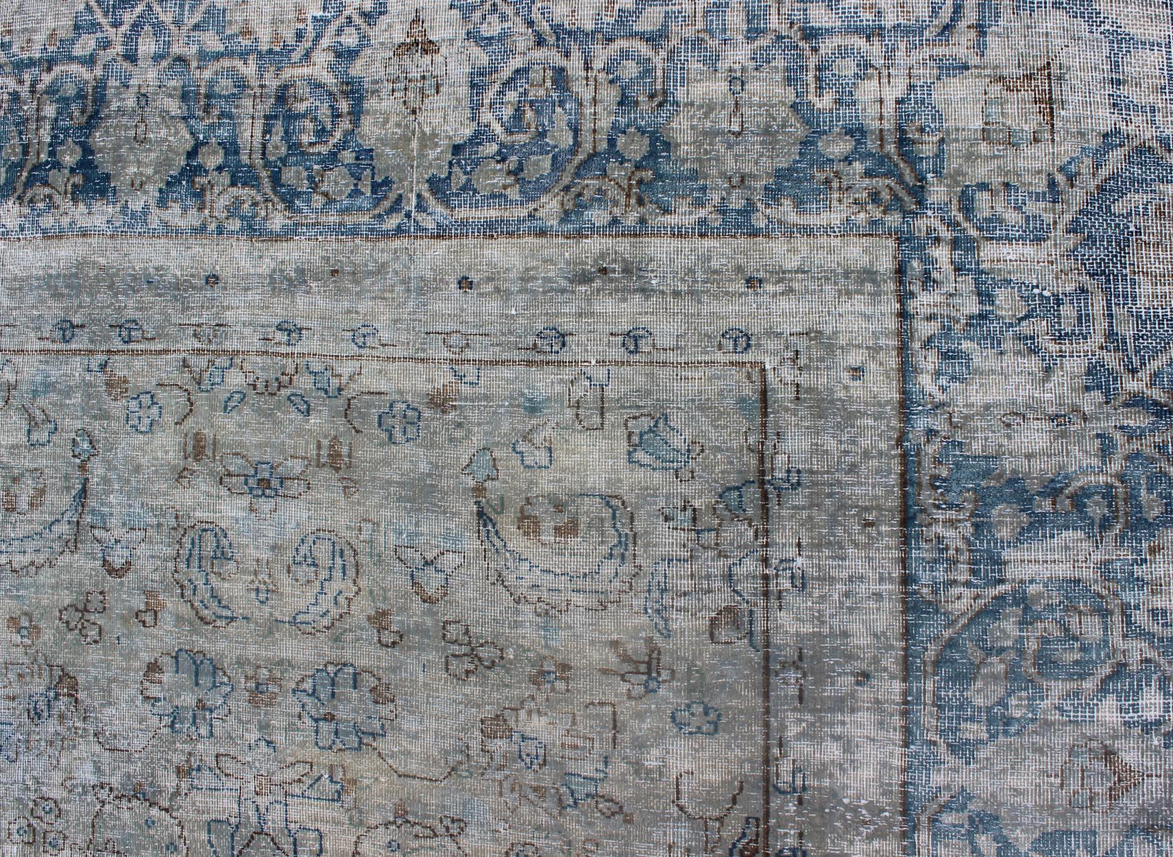 Blue/Gray Vintage Persian Distressed Rug with Modern and Rustic Design 1