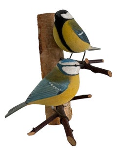 Blue & Great Tit Viechtauer Hand Carved Wood Bird Black Forest Folk Art, Austria