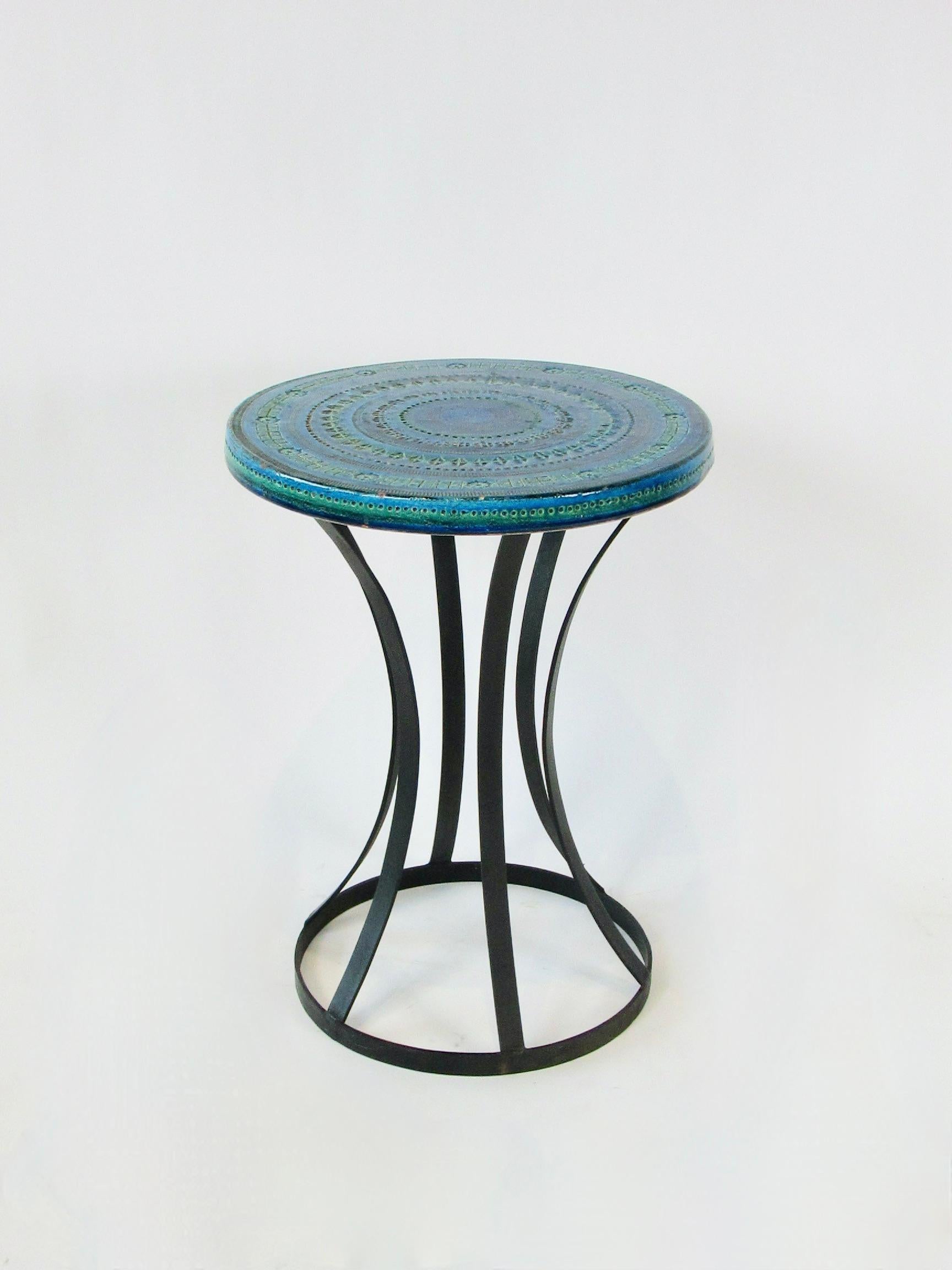 Blue Green Aldo Londi Bitossi for Raymor Pottery Table Top on Wrought Base In Good Condition For Sale In Ferndale, MI