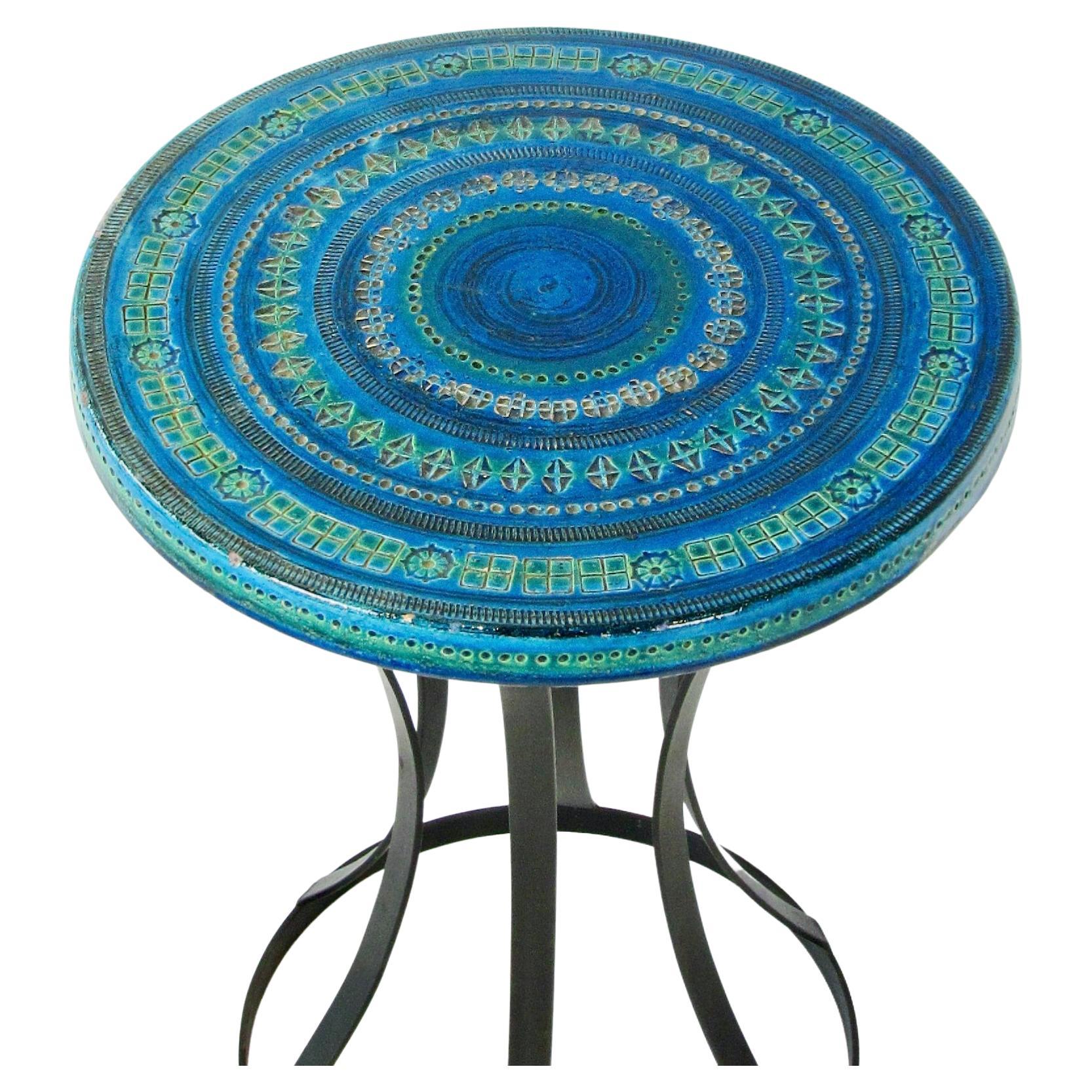 Blue Green Aldo Londi Bitossi for Raymor Pottery Table Top on Wrought Base