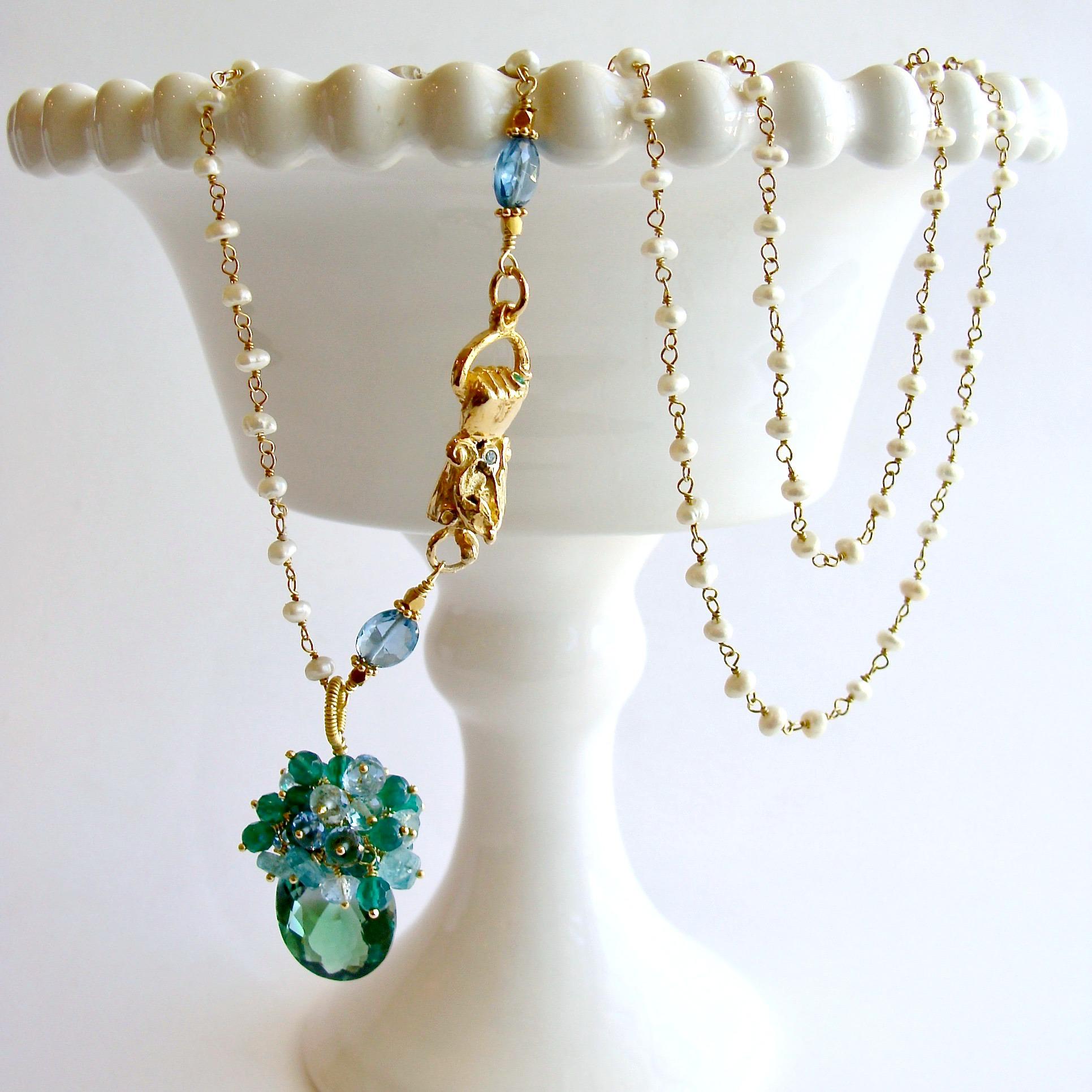 Bella Cluster Necklace.

A gorgeous blue green oval bi-color Bolivian ametrine has been crowned with a riotous frill of coordinating colors, ending with a hand coiled loop.  Sparkling London blue topaz, sky blue topaz, apatite and green onyx