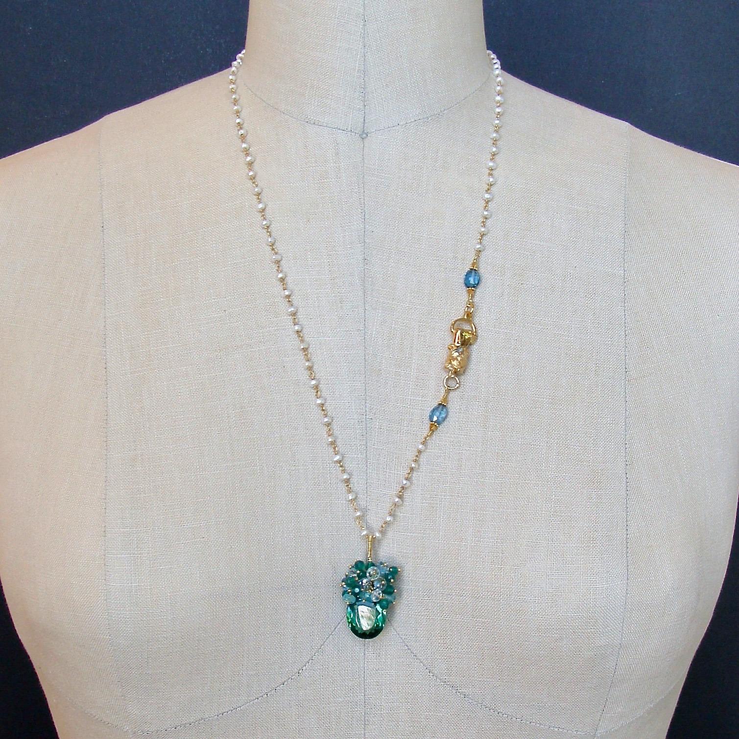 Blue Green Ametrine London Blue Topaz Green Onyx Hand Clasp Cluster Necklace In New Condition In Colleyville, TX