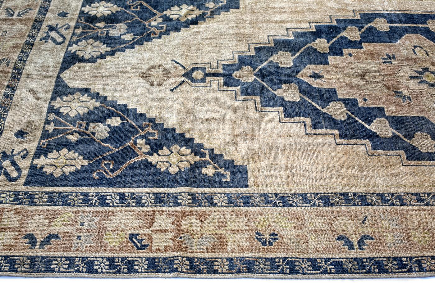 Blue, Green and Beige Handmade Wool Turkish Old Anatolian Konya Distressed Rug In Excellent Condition For Sale In North Bergen, NJ