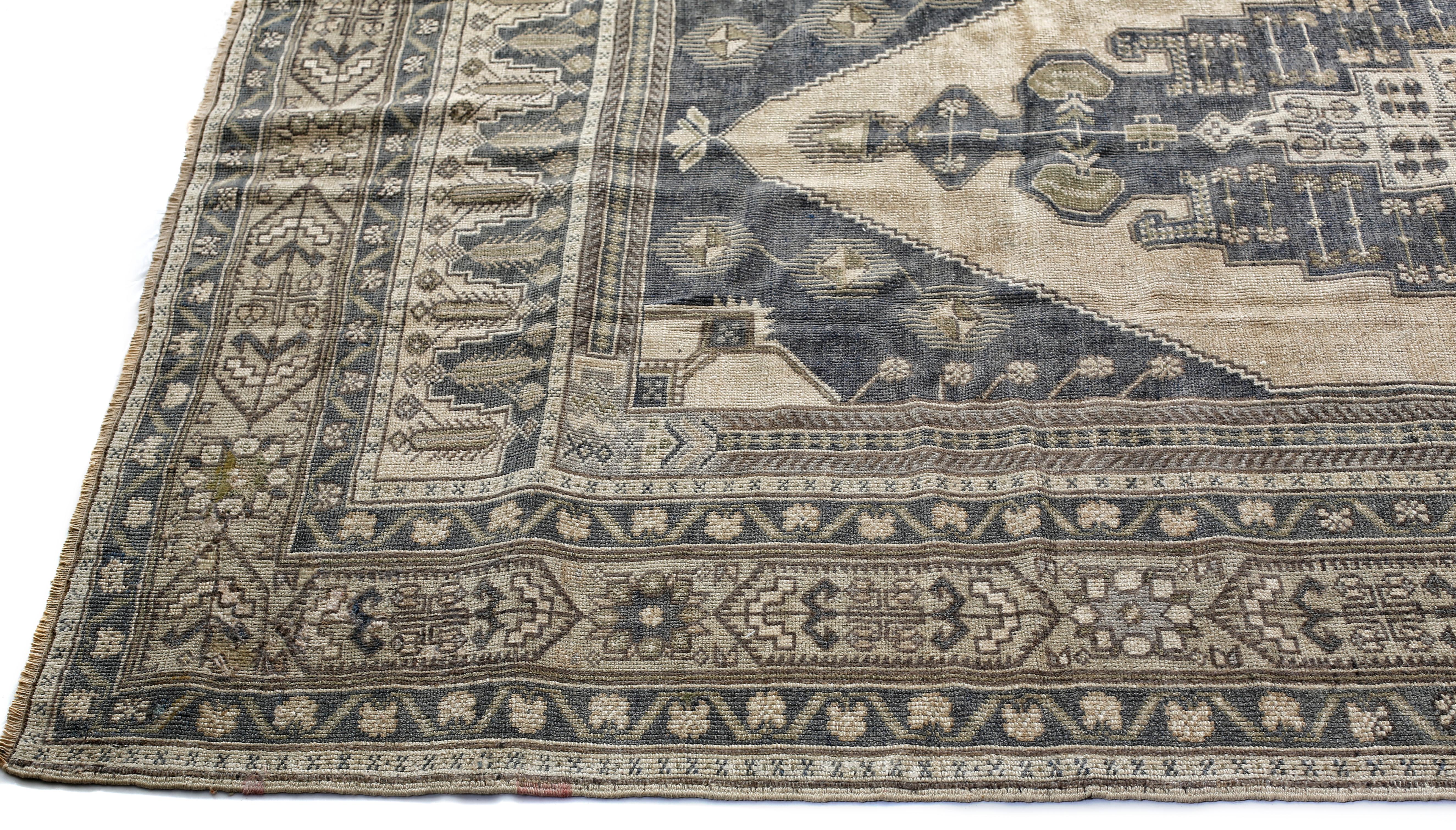 Blue, Green and Beige Handmade Wool Turkish Old Anatolian Konya Distressed Rug In Excellent Condition For Sale In North Bergen, NJ