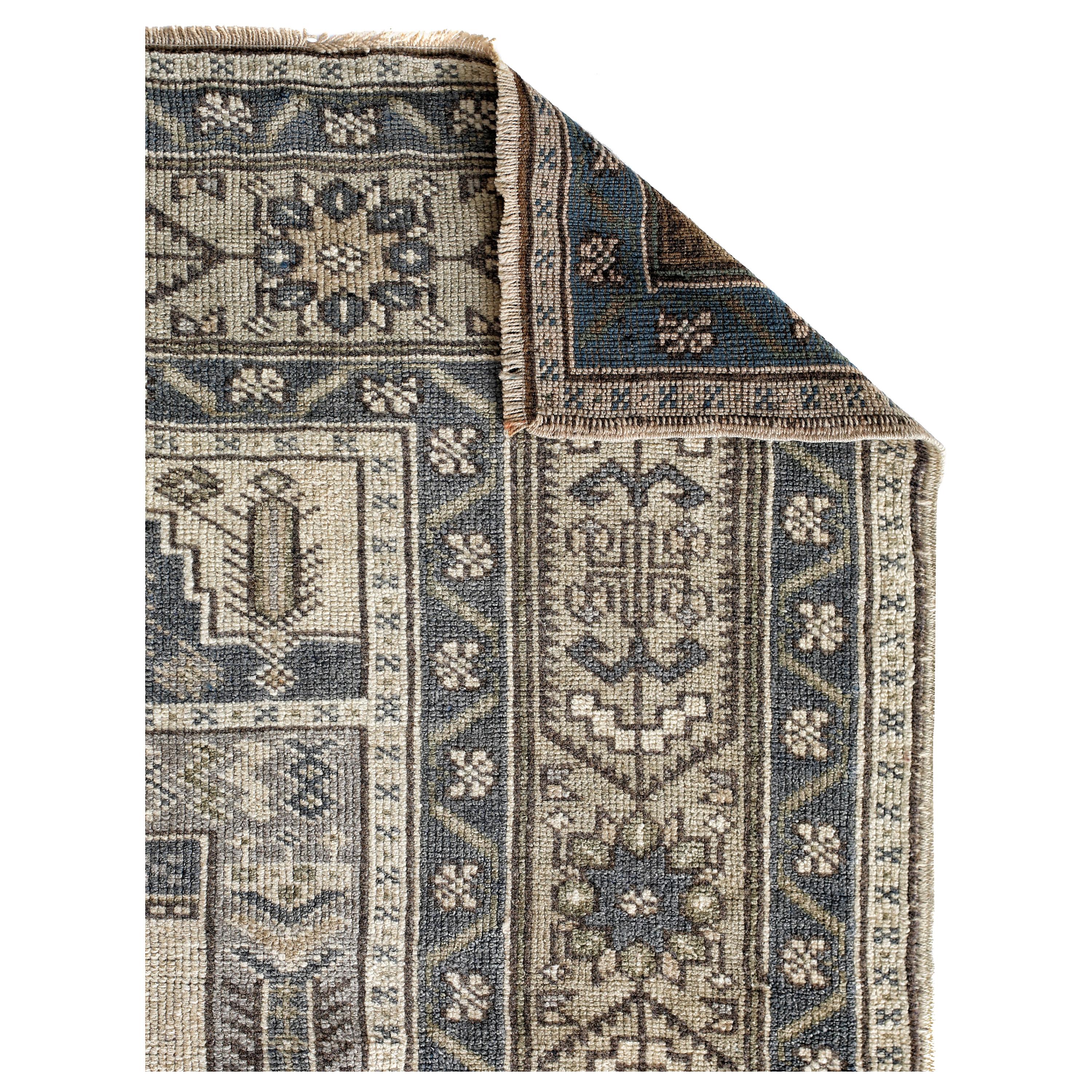 Blue, Green and Beige Handmade Wool Turkish Old Anatolian Konya Distressed Rug For Sale