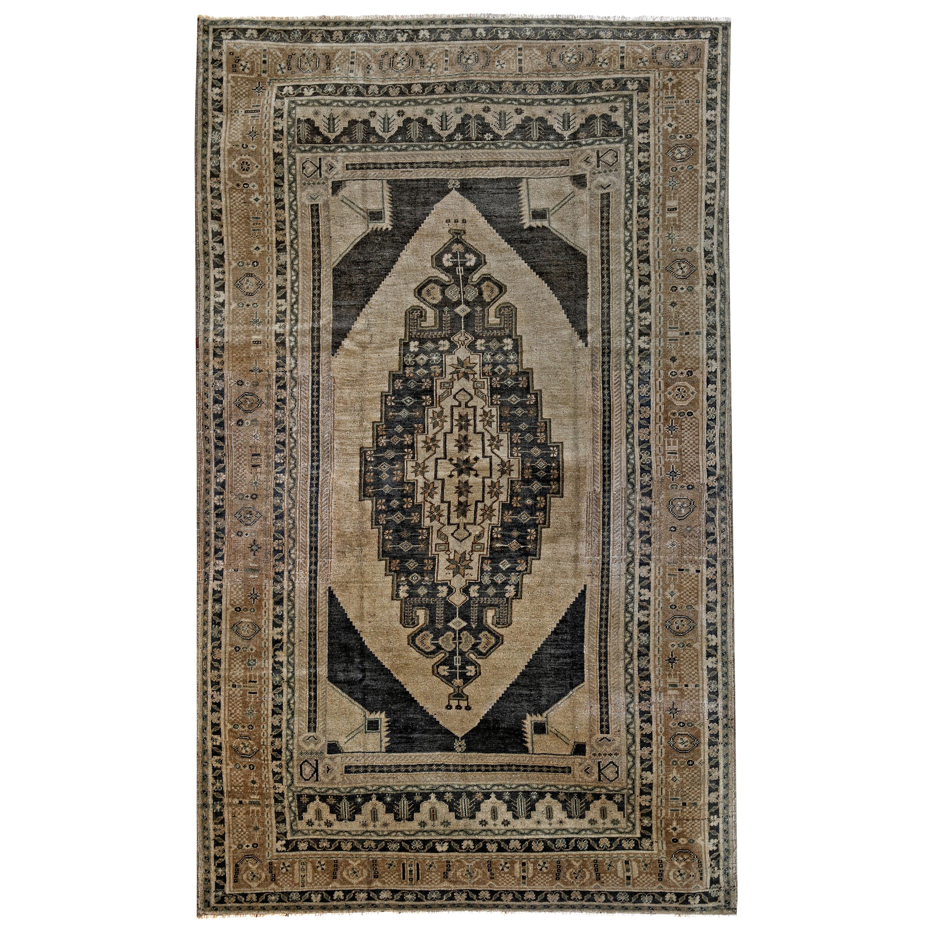 Blue, Green and Beige Handmade Wool Turkish Old Anatolian Konya Distressed Rug For Sale