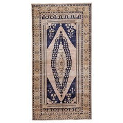 Vintage Blue, Green and Beige Handmade Wool Turkish Old Anatolian Konya Distressed Rug