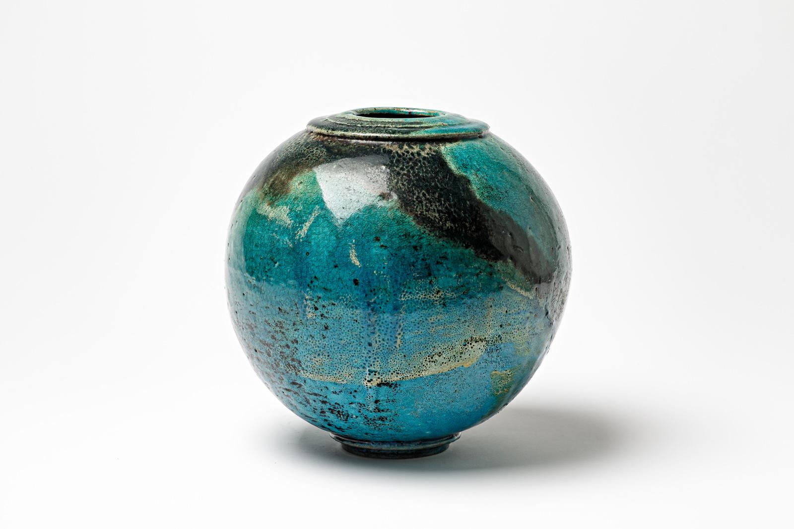Blue/green and black glazed ceramic ball vase by Gisèle Buthod Garçon, 1980-1990 In Excellent Condition For Sale In Saint-Ouen, FR