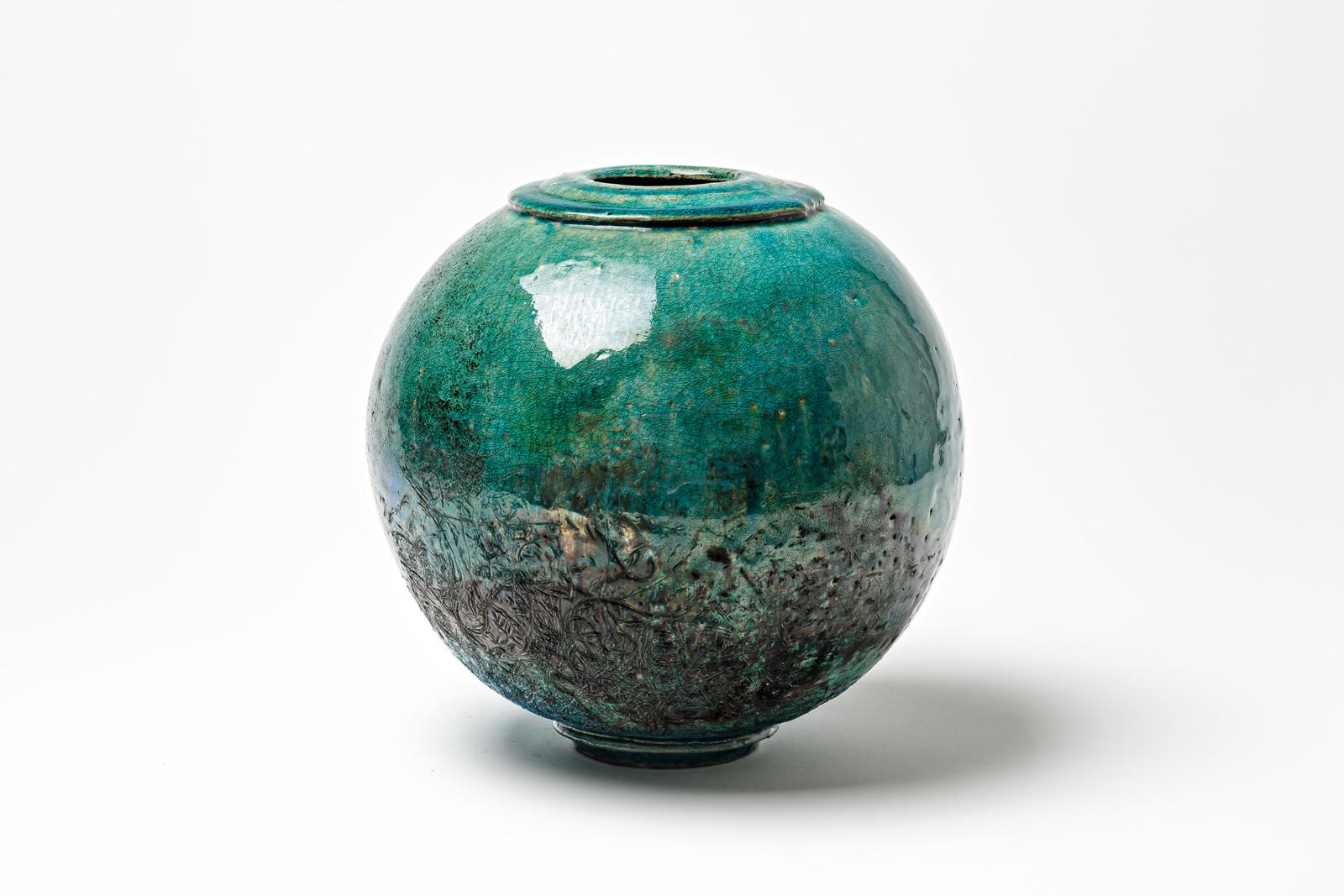 20th Century Blue/green and black glazed ceramic ball vase by Gisèle Buthod Garçon, 1980-1990 For Sale