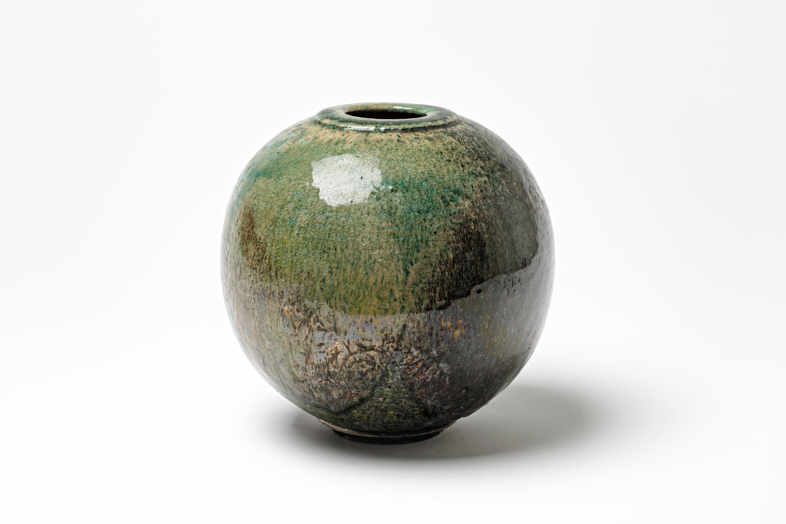 French Blue/green and black glazed ceramic vase by Gisèle Buthod Garçon, circa 1980-90 For Sale